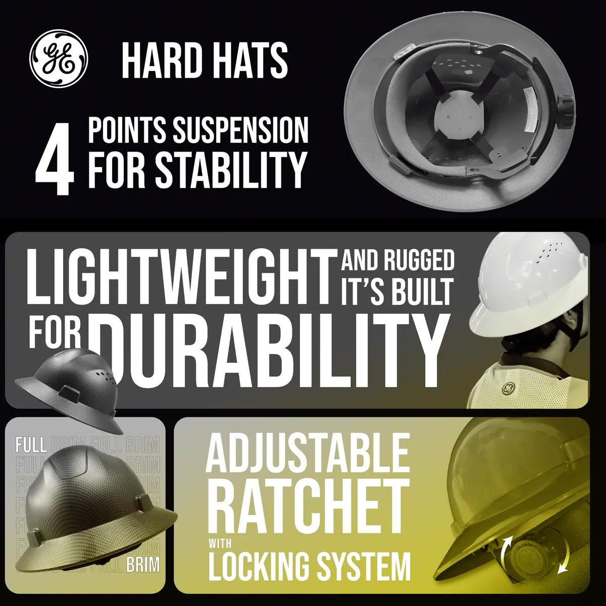 GE Hard Hat - Full Brim, Padded, 4-Point Ratchet Suspension, Vented, Yellow | ANSI Z89.1-2014 Impact & Impact Resistance - view 5