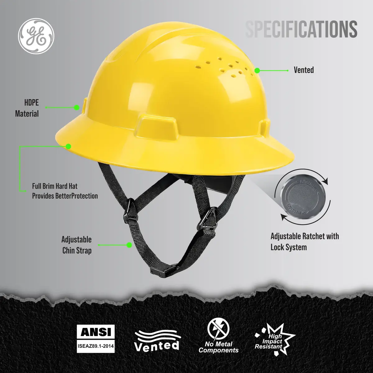 GE Hard Hat - Full Brim, Padded, 4-Point Ratchet Suspension, Vented, Yellow | ANSI Z89.1-2014 Impact & Impact Resistance - view 2