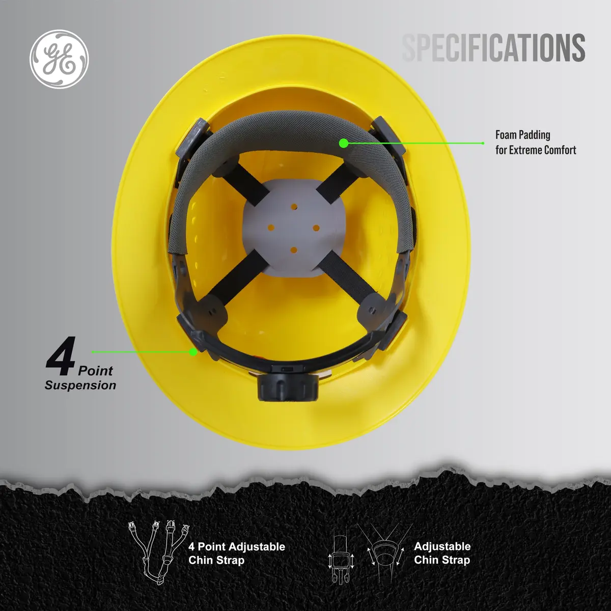 GE Hard Hat - Full Brim, Padded, 4-Point Ratchet Suspension, Vented, Yellow | ANSI Z89.1-2014 Impact & Impact Resistance - view 3