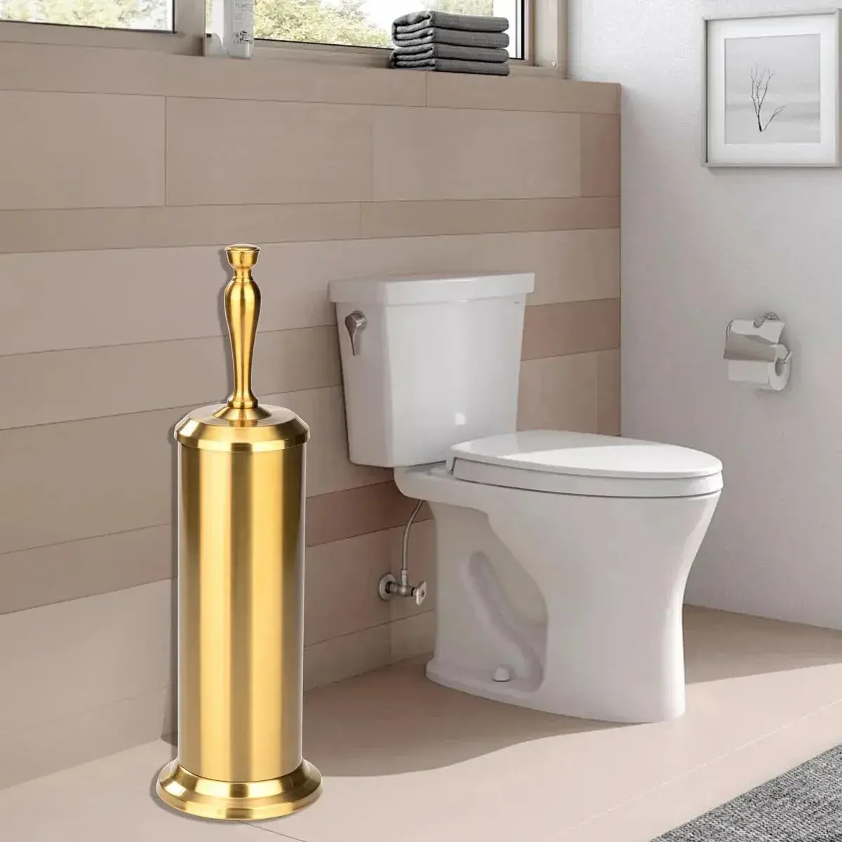 J&V TEXTILES Aged Brass Toilet Brush with Long Handle & Covered Holder | Vintage-Inspired Bathroom Scrubber - view 5