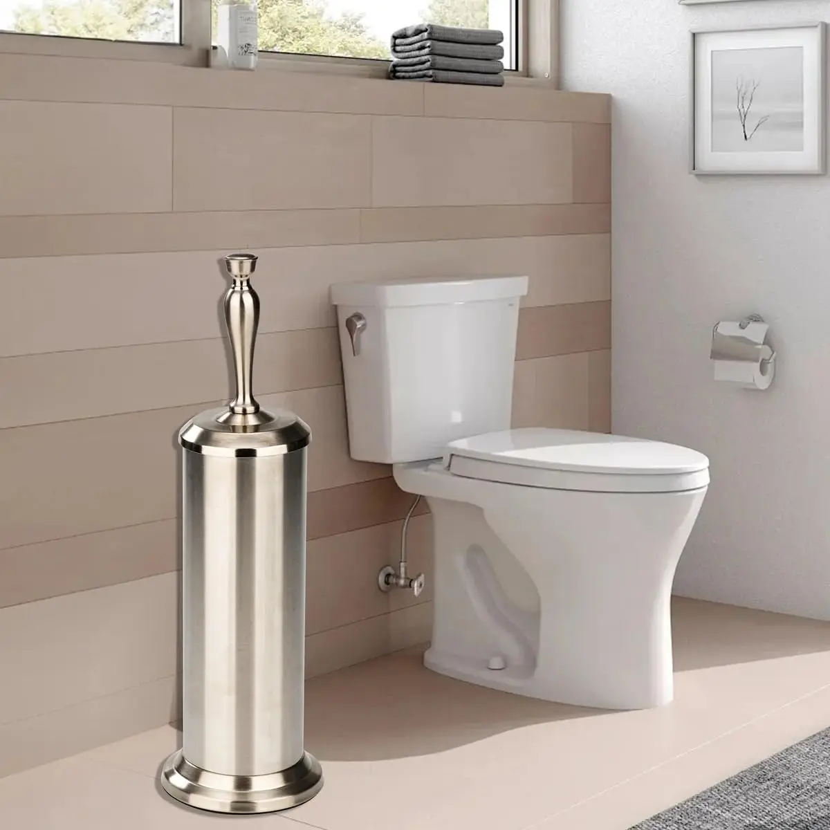 J&V TEXTILES Toilet Bowl Brush with Long Handle & Holder 22.6cm (8.9") | Brushed Satin Nickel Set - view 5