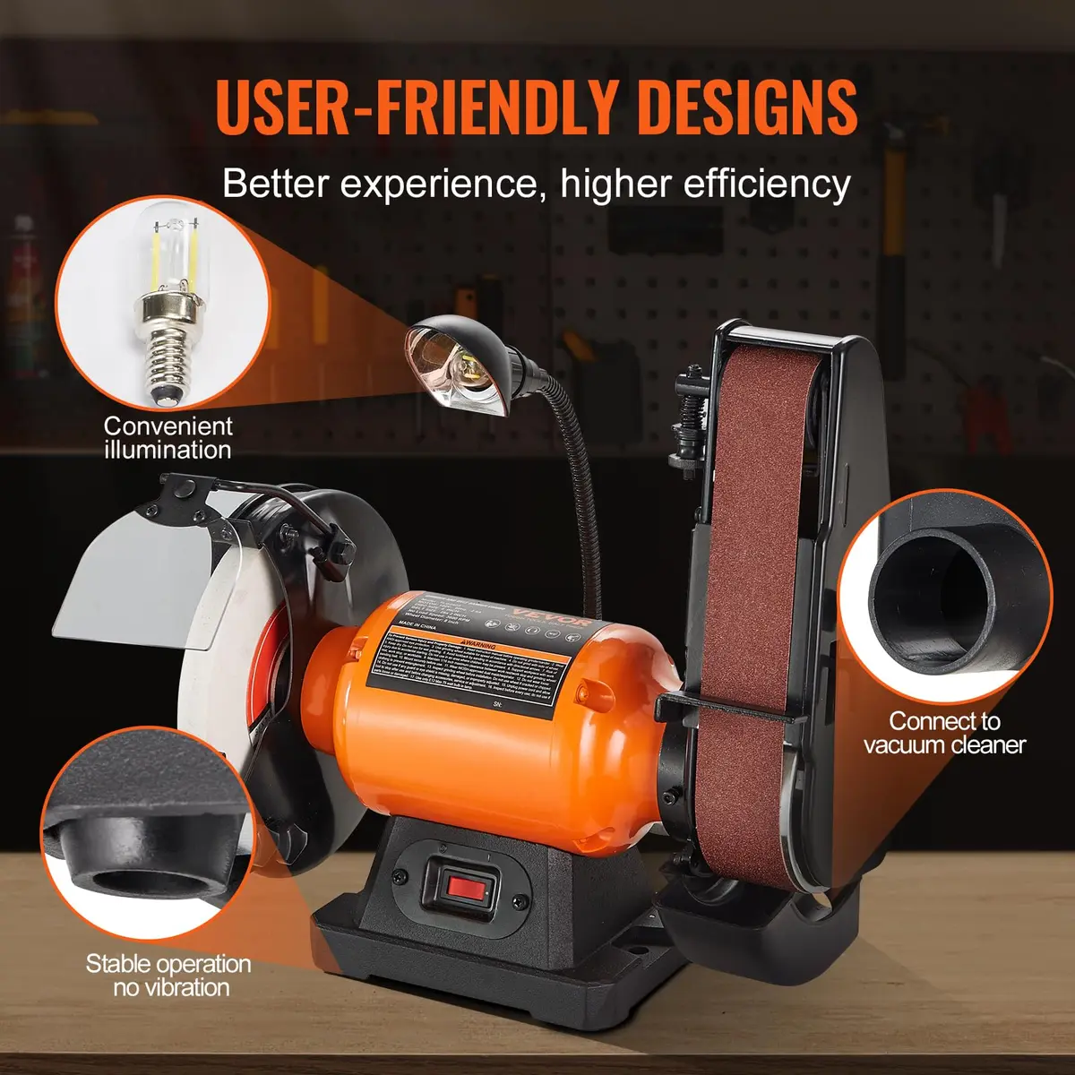 VEVOR 8 Inch Bench Grinder with 2x28 Inch Belt Sander, 2.5A Induction Motor for Metalworking & Sharpening - view 5