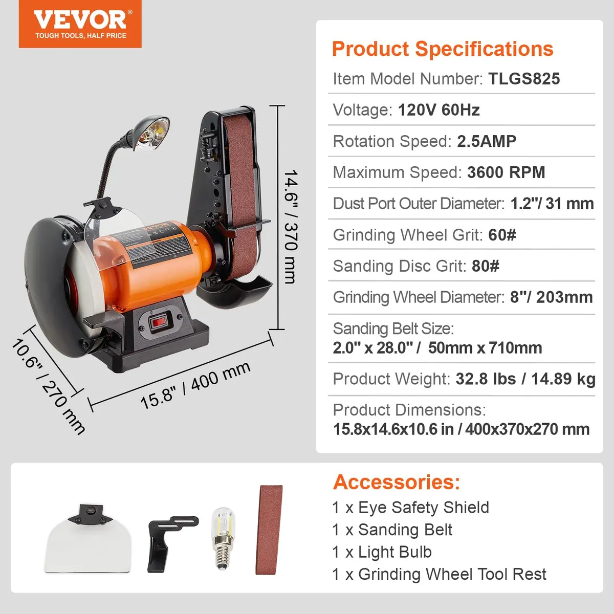VEVOR 8 Inch Bench Grinder with 2x28 Inch Belt Sander, 2.5A Induction Motor for Metalworking & Sharpening - view 7