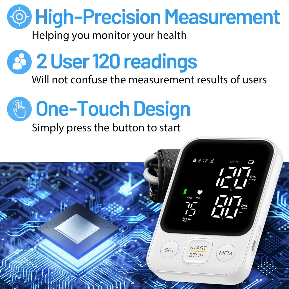 DOUHAO White Blood Pressure Monitor | Clinically Accurate, Store 2 x 120 Memory, Adjustable BP Cuff 22-40 cm, LED Backlight Display with Storage Bag - view 2