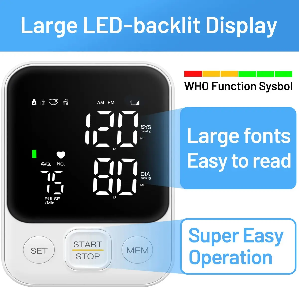 DOUHAO White Blood Pressure Monitor | Clinically Accurate, Store 2 x 120 Memory, Adjustable BP Cuff 22-40 cm, LED Backlight Display with Storage Bag - view 3