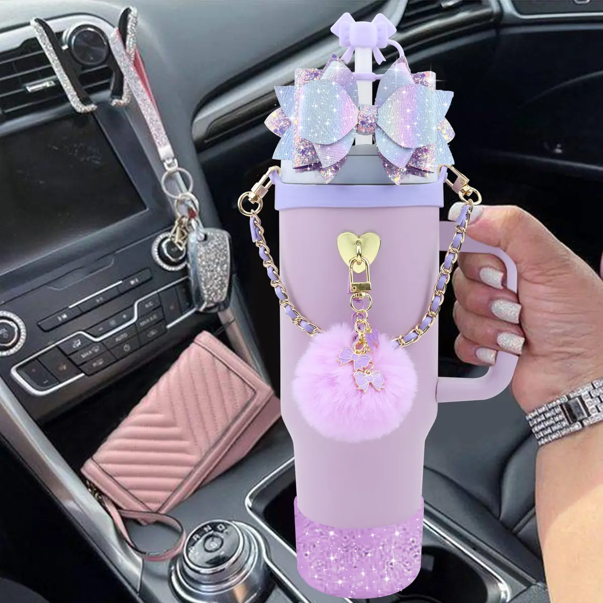 SEMATA Bling Bow Tumbler Accessories Set for Stanley Cup 30oz 40oz | Purple Y2K Style Glamour - view 5