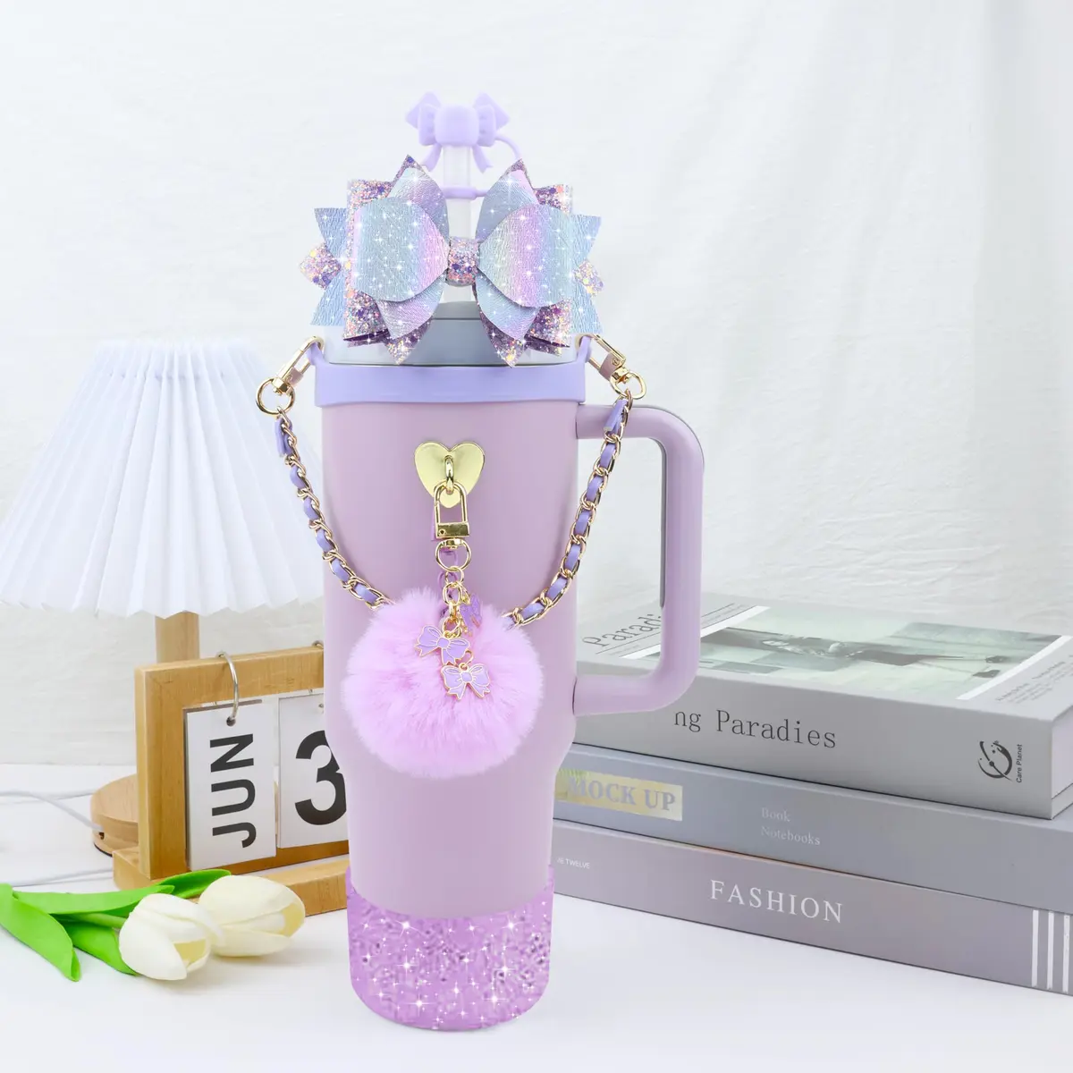 SEMATA Bling Bow Tumbler Accessories Set for Stanley Cup 30oz 40oz | Purple Y2K Style Glamour - view 6
