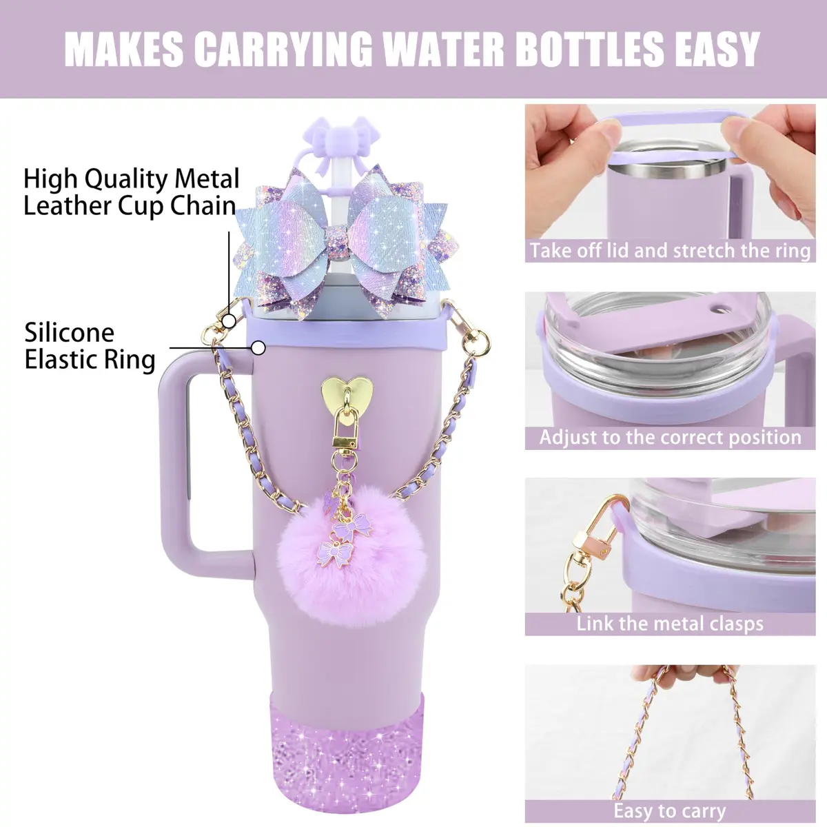 SEMATA Bling Bow Tumbler Accessories Set for Stanley Cup 30oz 40oz | Purple Y2K Style Glamour - view 2