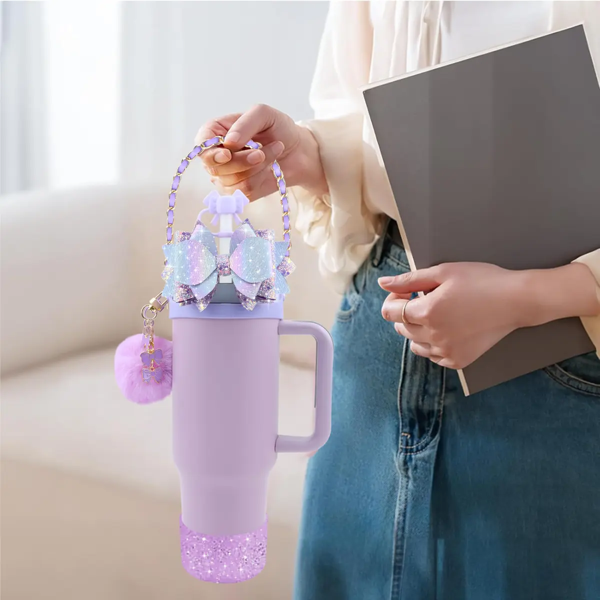 SEMATA Bling Bow Tumbler Accessories Set for Stanley Cup 30oz 40oz | Purple Y2K Style Glamour - view 4