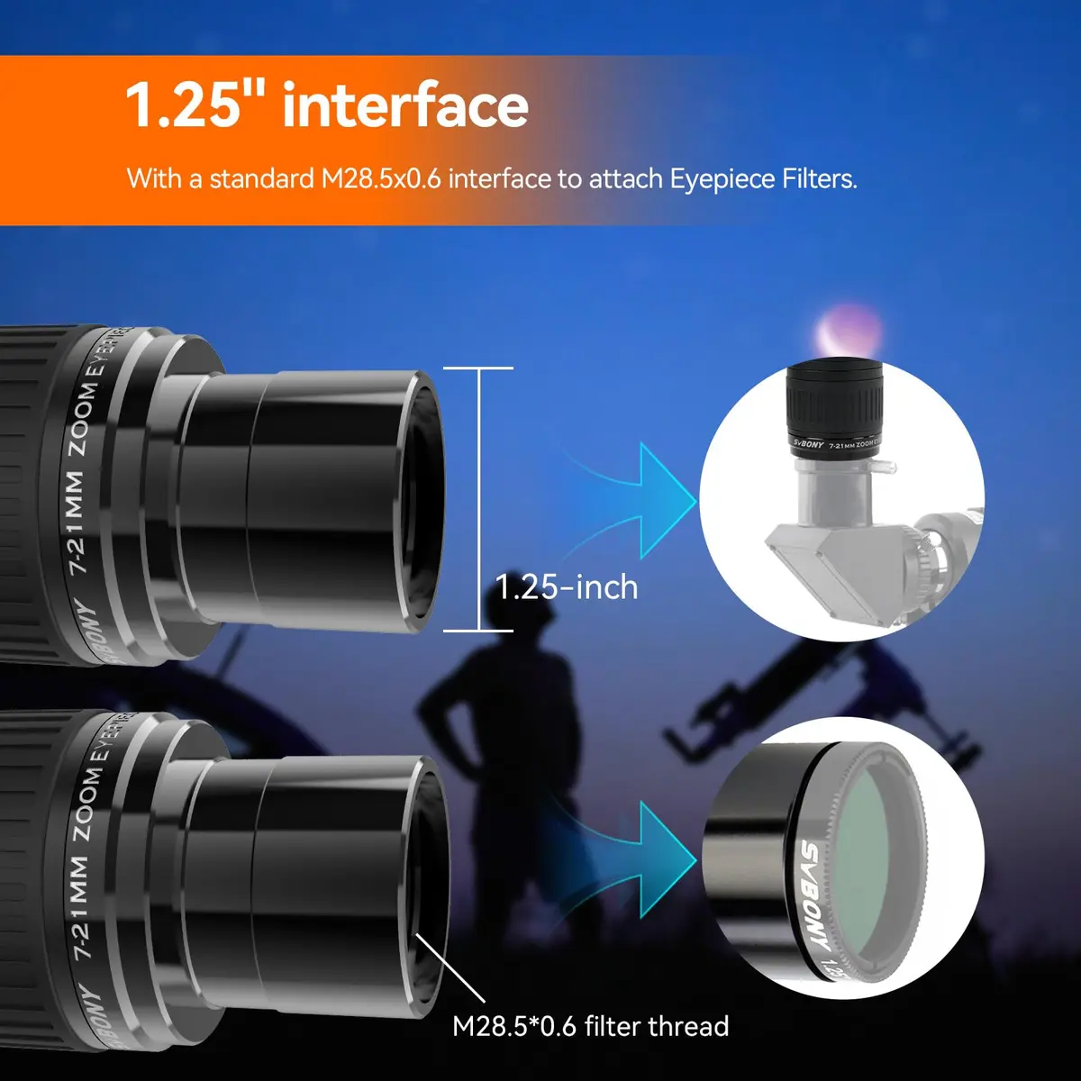 SVBONY SV135 Telescope Eyepiece, 40-60°Field of View, 7-21mm Zoom Eyepiece | High-Contrast, Multi-Coated Optics - view 5