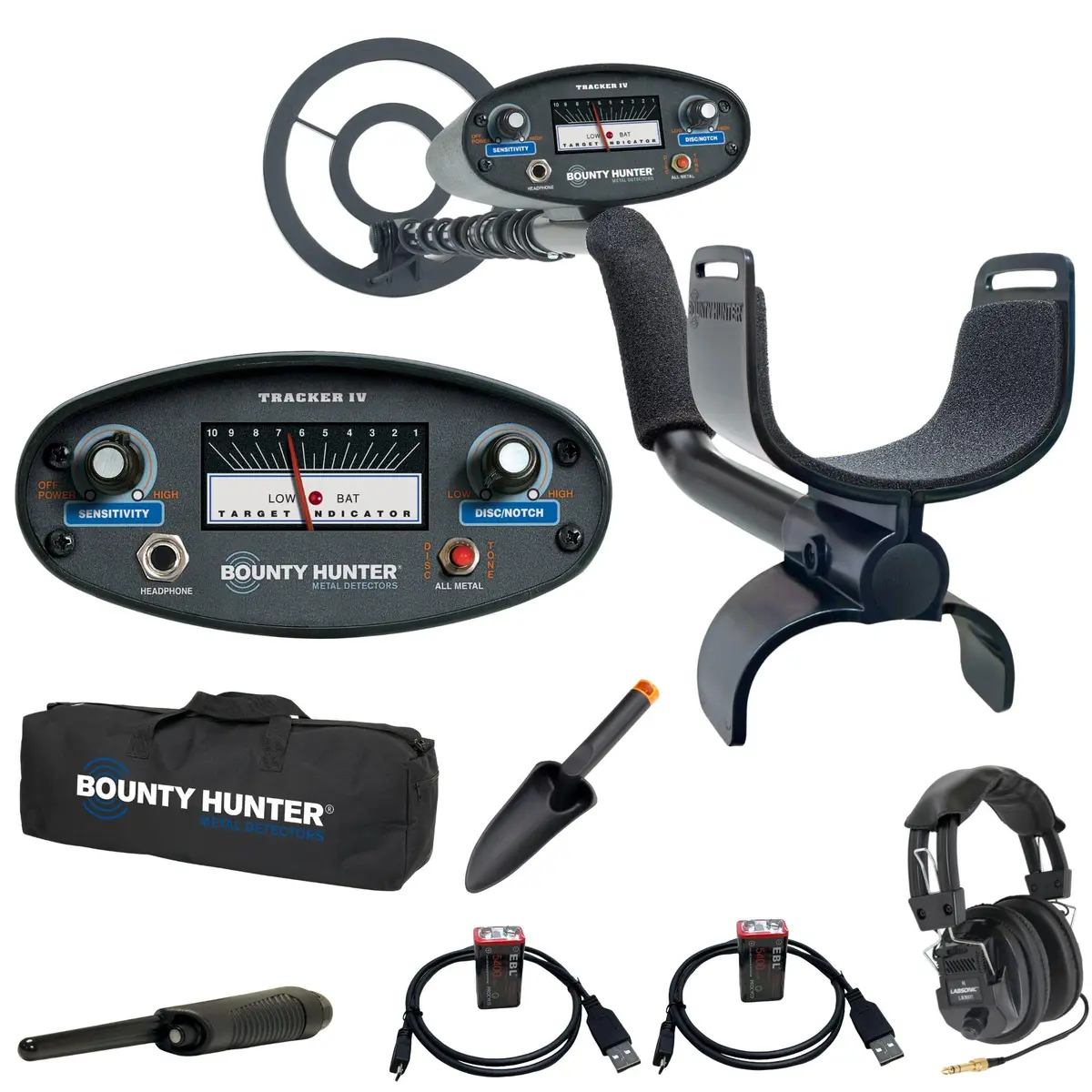 Bounty Hunter Tracker IV Metal Detector Bundle with Waterproof 8" Coil, Pinpointer, Trowel, Carry Bag, Headphones & Rechargeable Batteries | 2.8 lbs (1.27 kg) - main product image