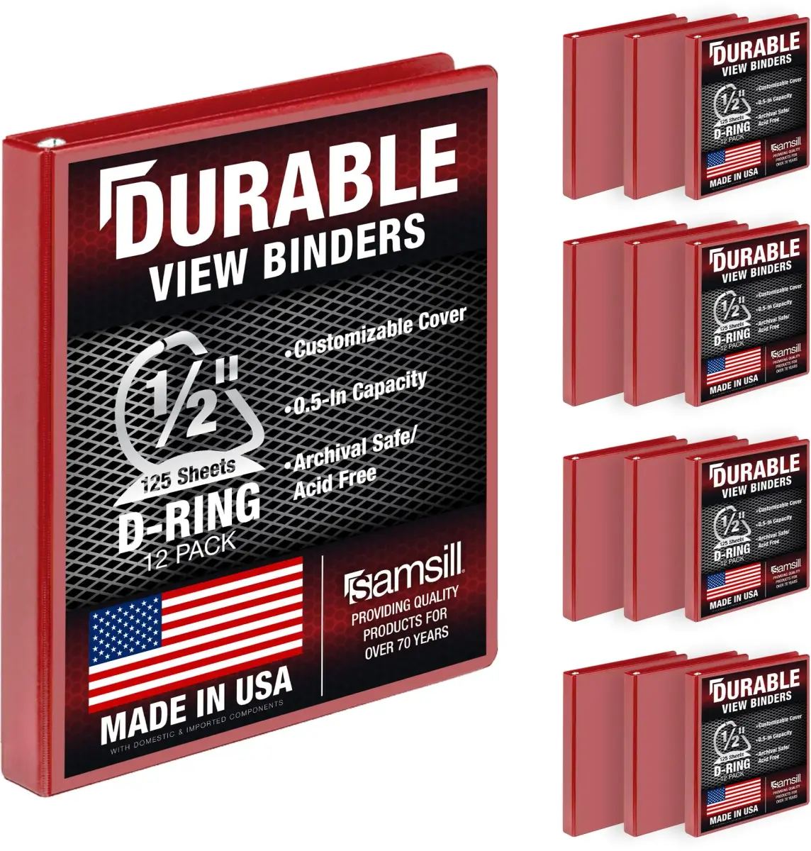 Samsill 0.5 Inch D-Ring Binder, Red, 12 Pack | Heavy-Duty Recycled Chipboard for 600 Sheets - main product image