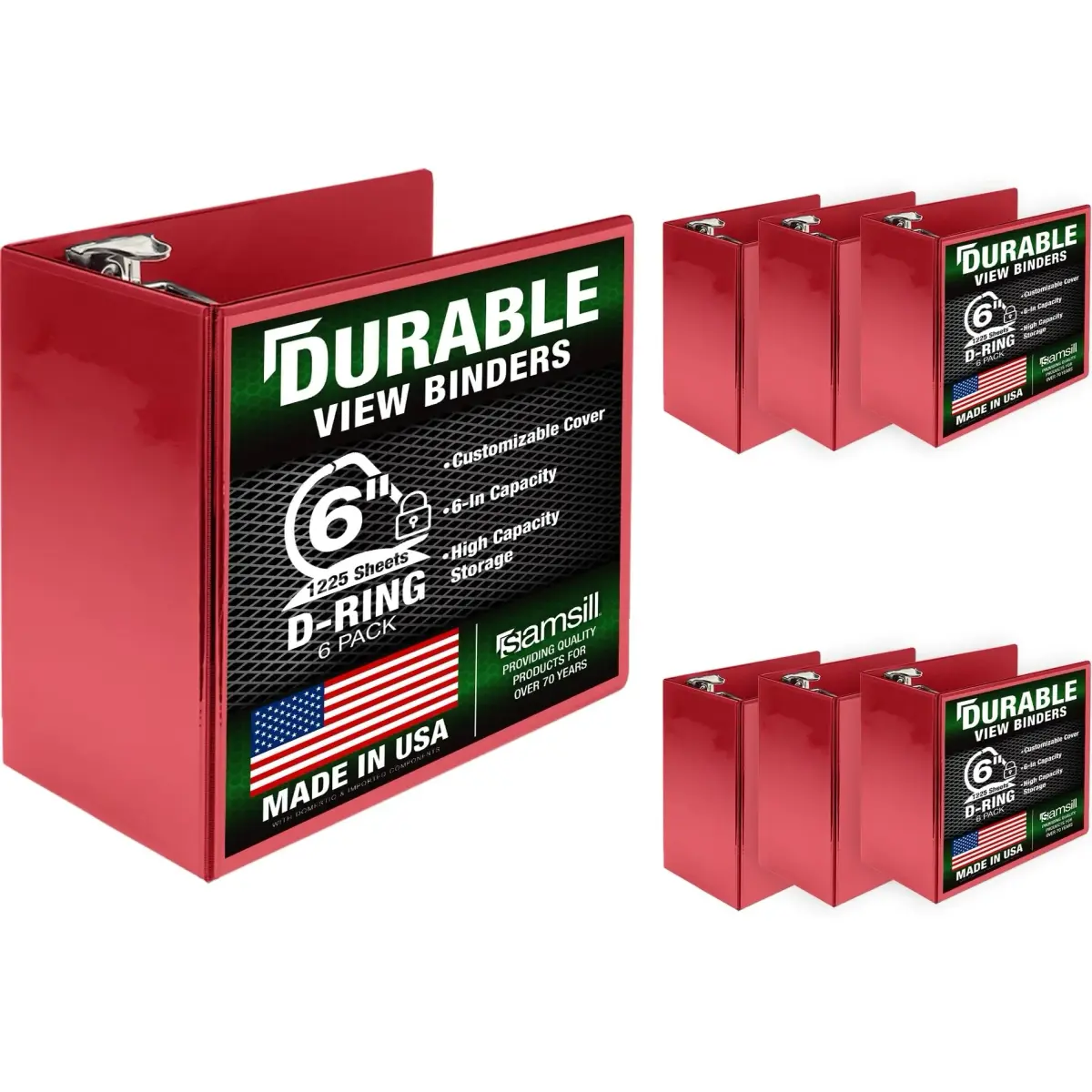 Samsill Durable 6-Inch 3-Ring Binder, Locking D-Ring, Clear View Cover, Red, 6-Pack | Holds 1225 Pages - main product image
