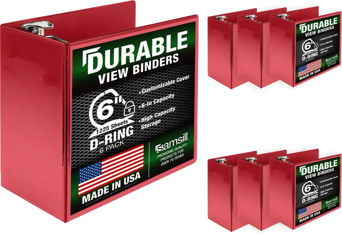Samsill Durable 6-Inch 3-Ring Binder, Locking D-Ring, Clear View Cover, Red, 6-Pack | Holds 1225 Pages - main product image