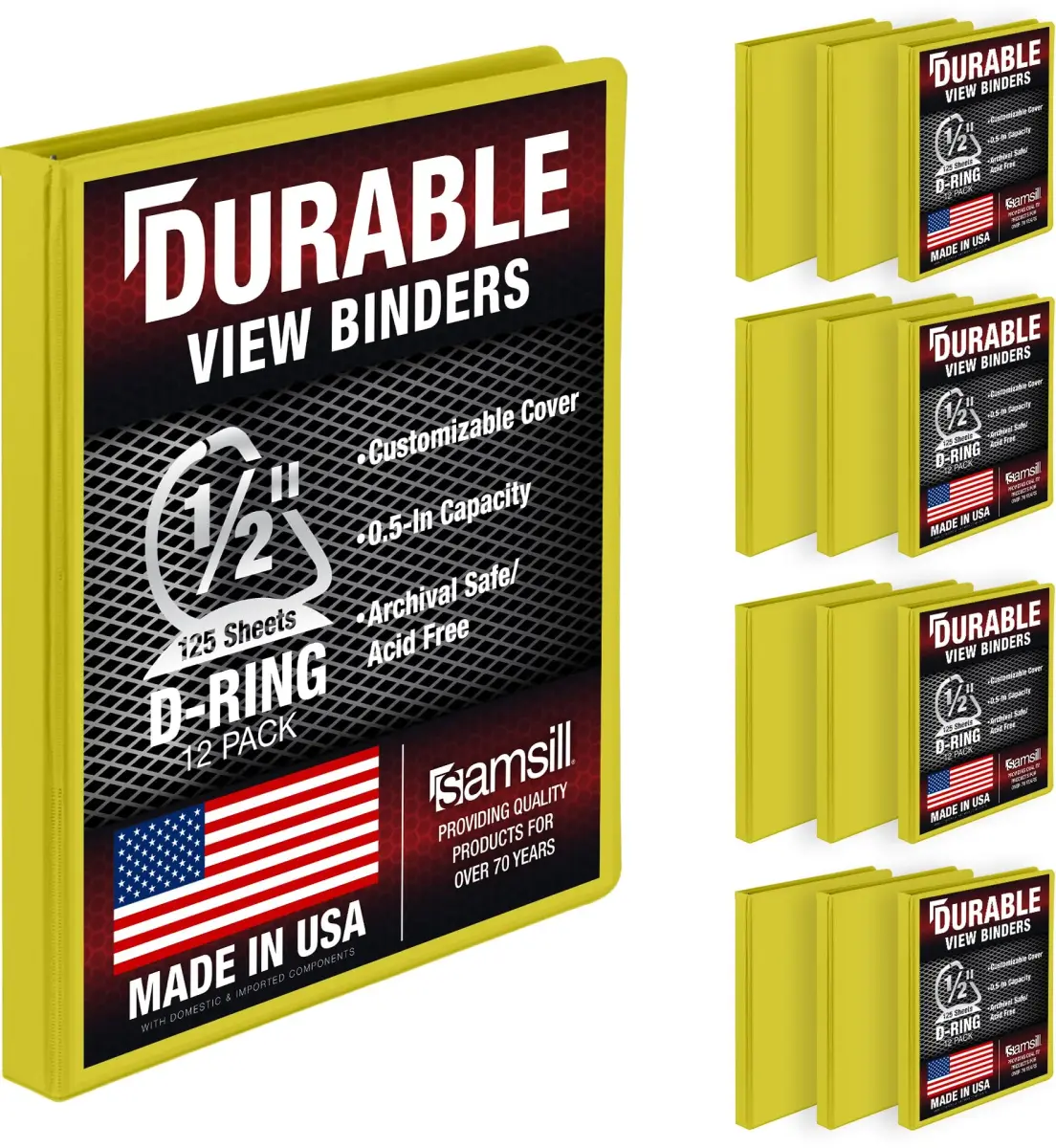 Samsill Yellow 12 Pack 0.5 Inch D-Ring Binder | Holds 125 Sheets, Recycled Chipboard - main product image