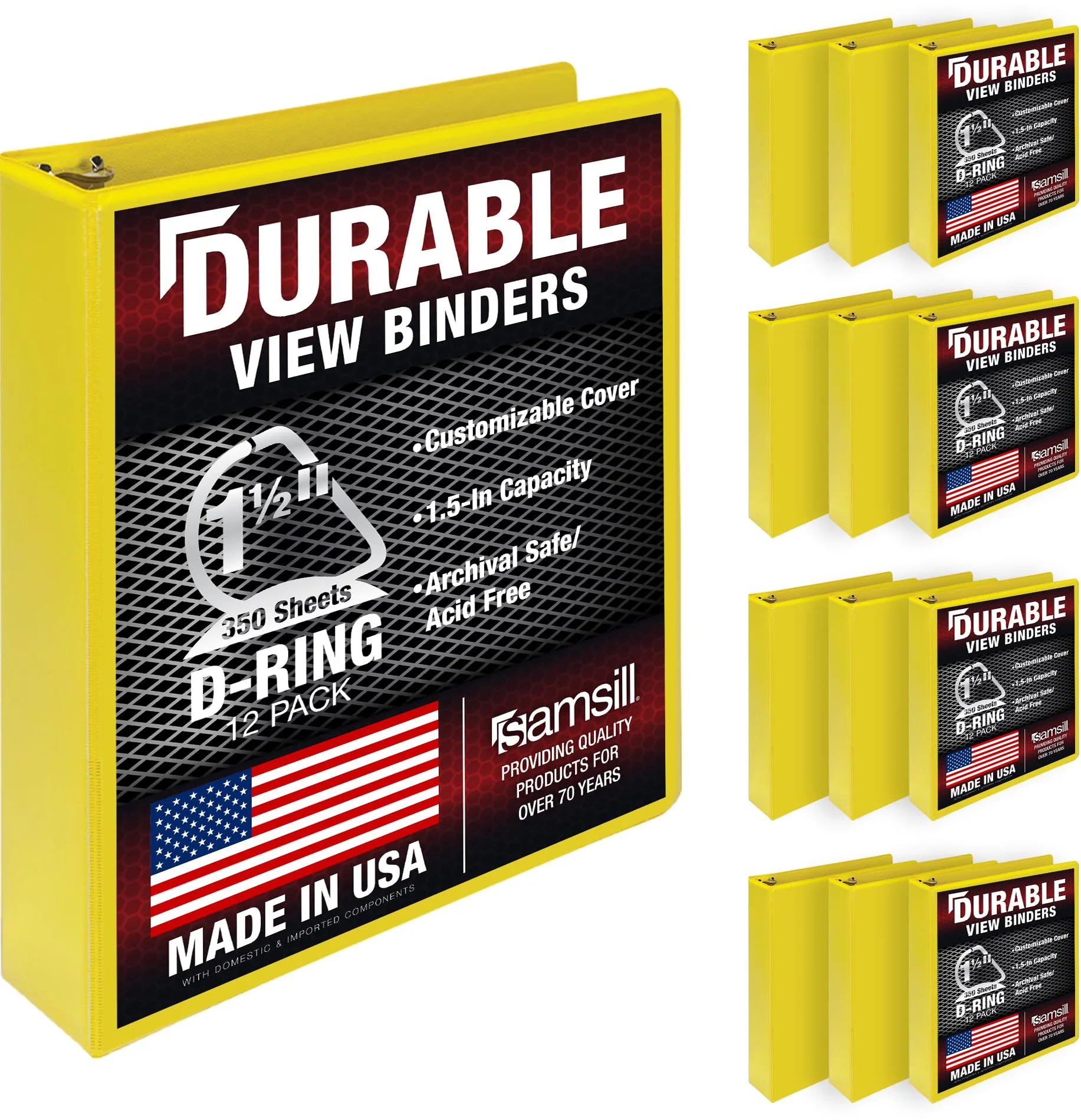 Samsill 1.5 inch 3 Ring D-Ring Binder, Yellow, 12 Pack | Recycled Chipboard, Holds 600 Sheets - main product image