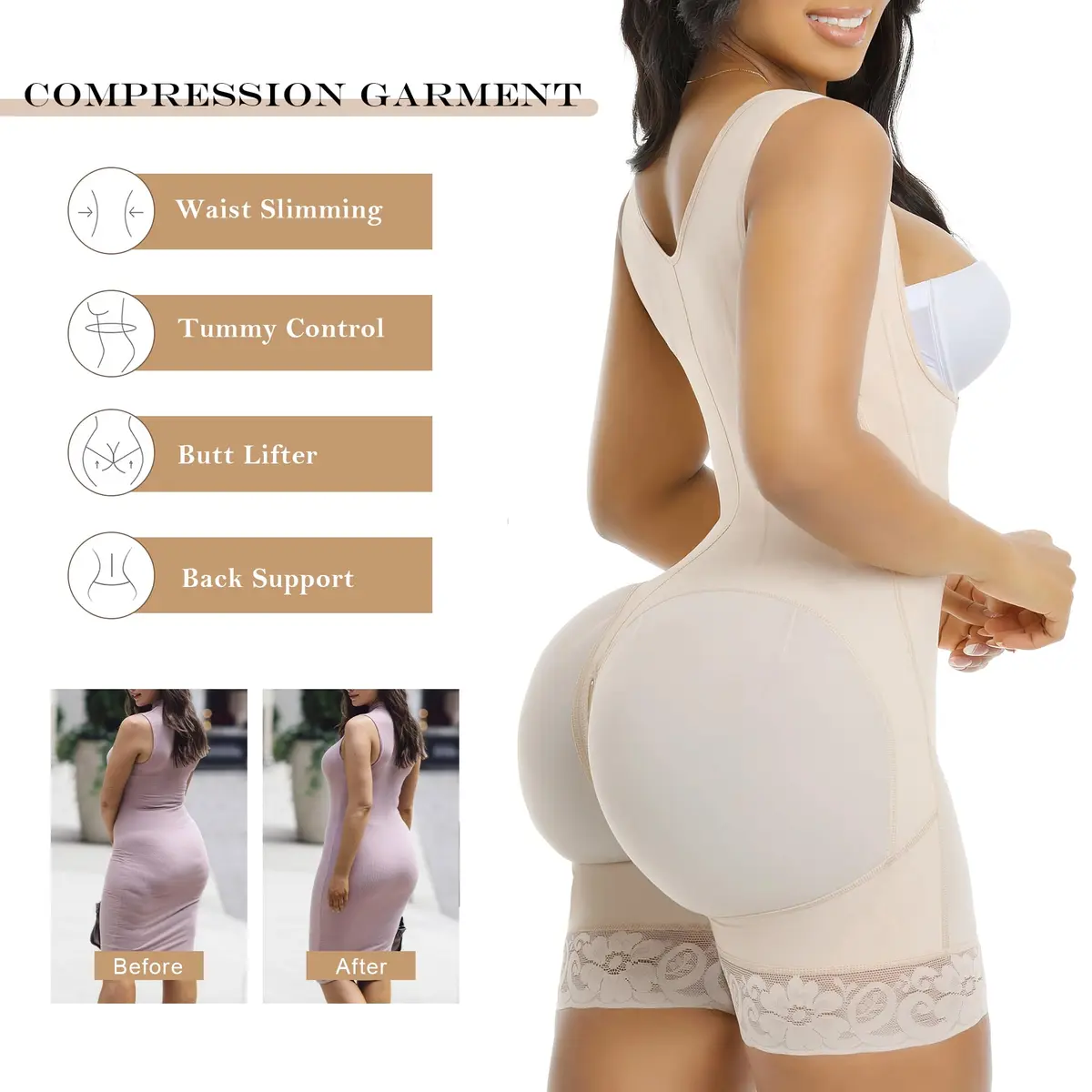 YIANNA Fajas Colombianas Shapewear for Women Tummy Control,YA7306-Beige-L | Body Shaper with Steel Bones & Zipper - view 5