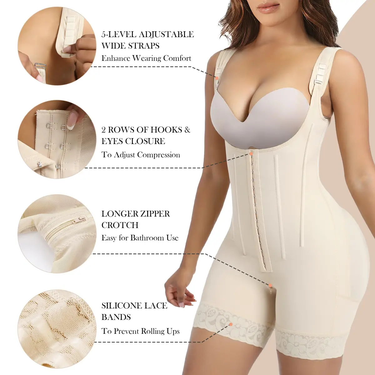YIANNA Fajas Colombianas Shapewear for Women Tummy Control,YA7306-Beige-L | Body Shaper with Steel Bones & Zipper - view 3