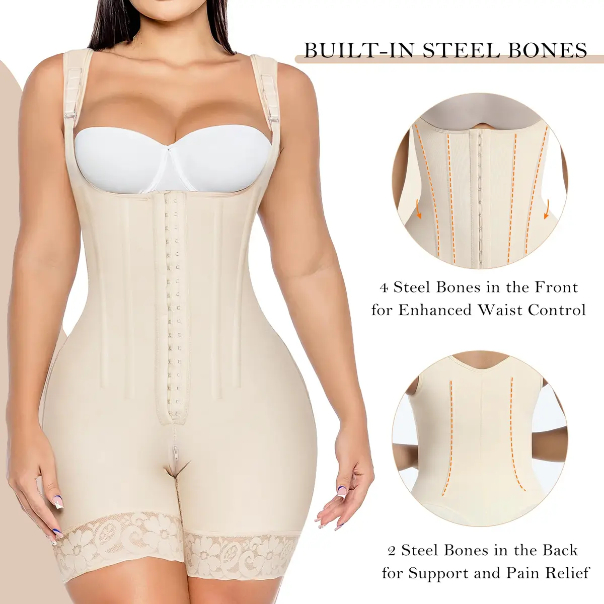 YIANNA Fajas Colombianas Shapewear for Women Tummy Control,YA7306-Beige-L | Body Shaper with Steel Bones & Zipper - view 4