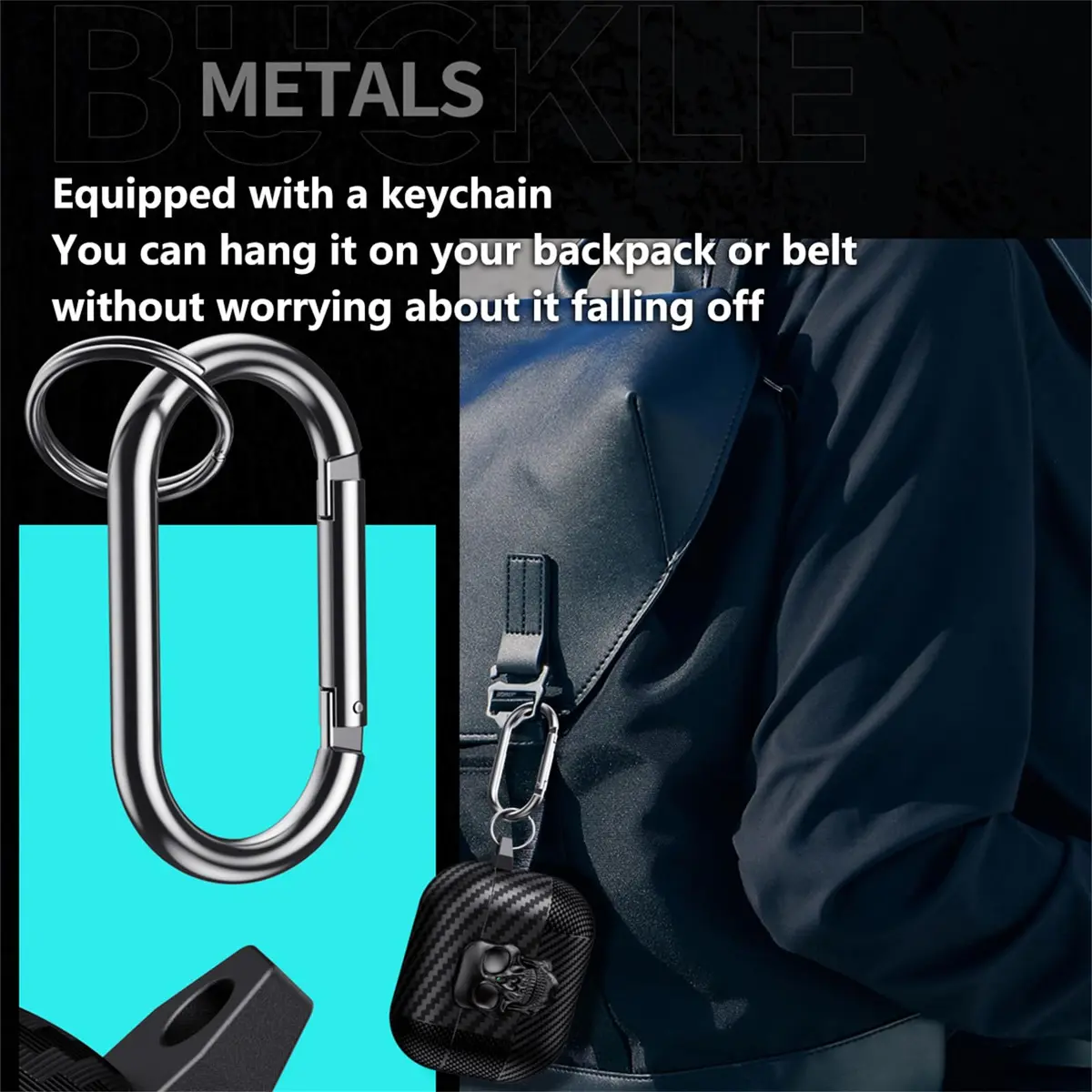 Fofvccv Black Skull Lock Case for AirPods 5/4 (TPU+PC) | 3D Skull Lock & Carabiner - view 5