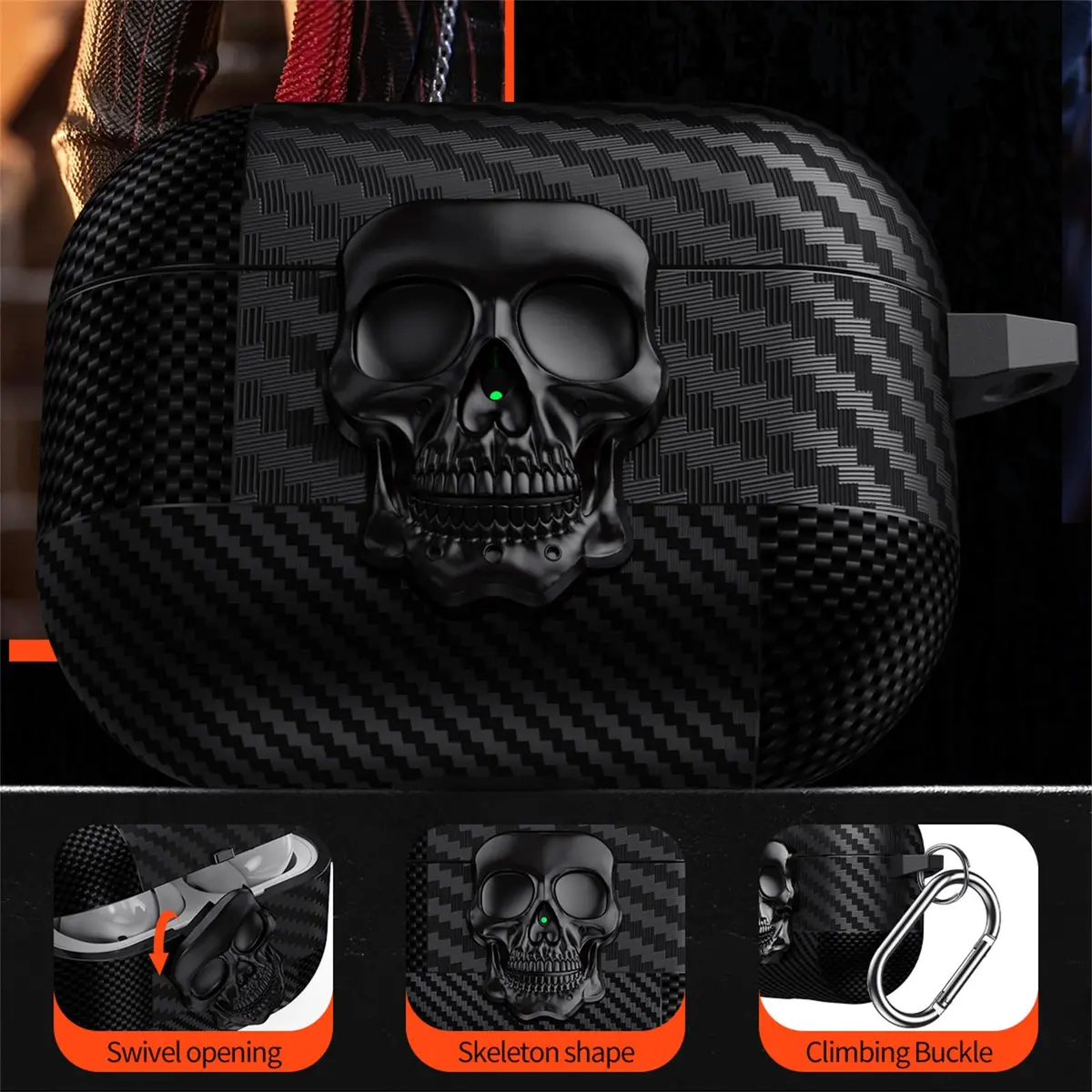 Fofvccv Black Skull Lock Case for AirPods 5/4 (TPU+PC) | 3D Skull Lock & Carabiner - view 6