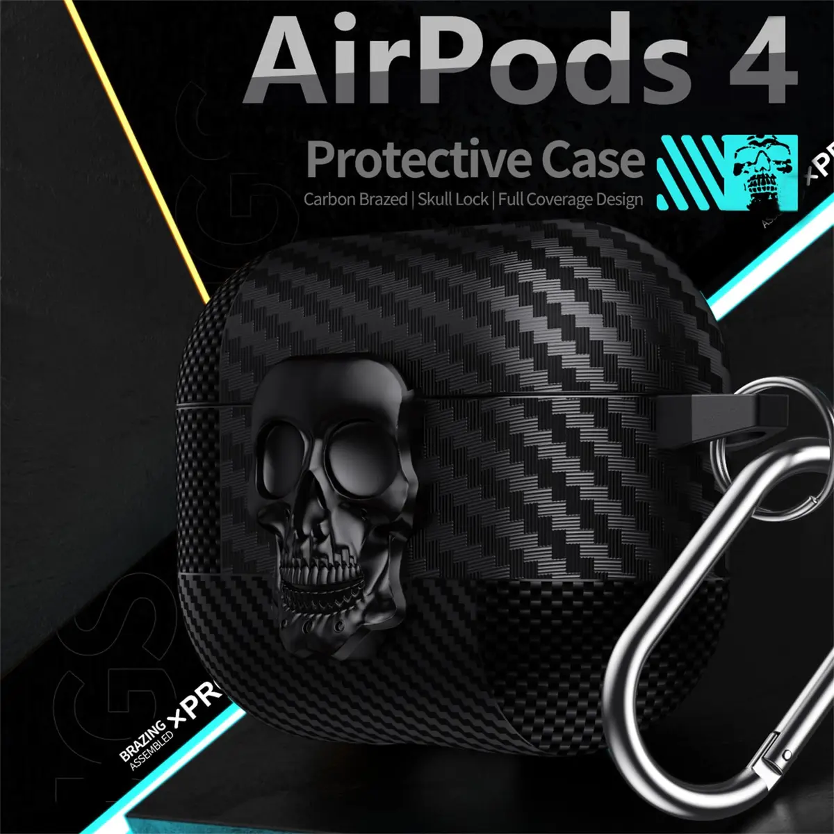Fofvccv Black Skull Lock Case for AirPods 5/4 (TPU+PC) | 3D Skull Lock & Carabiner - view 2