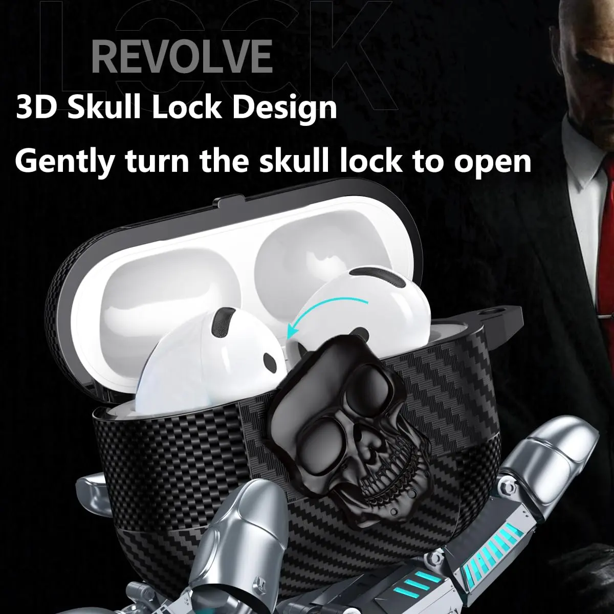 Fofvccv Black Skull Lock Case for AirPods 5/4 (TPU+PC) | 3D Skull Lock & Carabiner - view 3