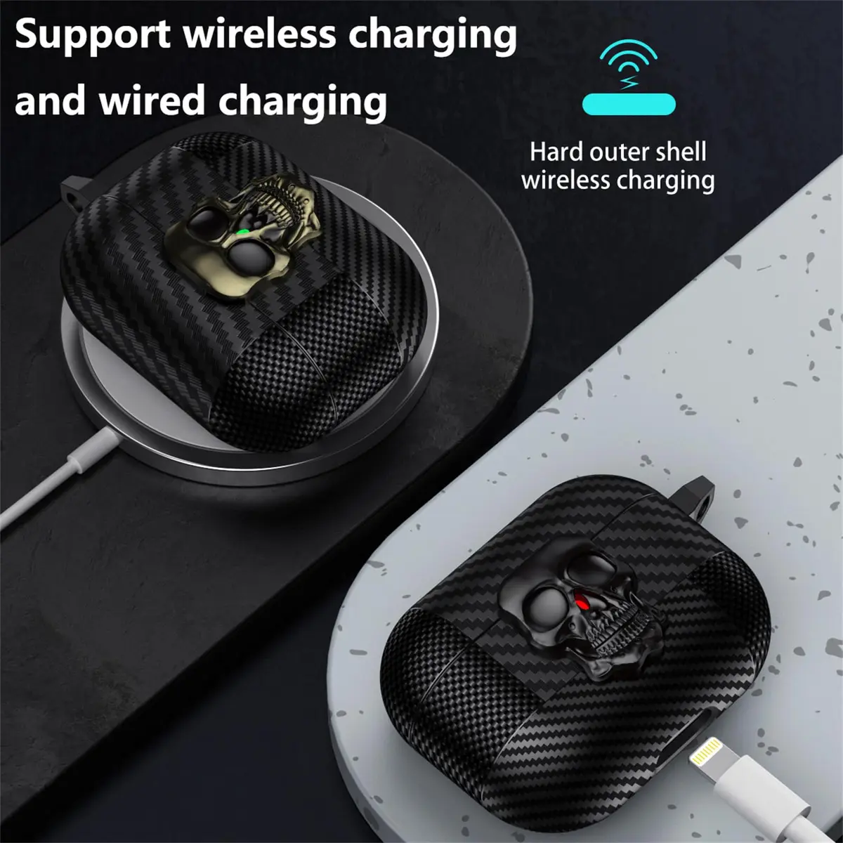 Fofvccv Black Skull Lock Case for AirPods 5/4 (TPU+PC) | 3D Skull Lock & Carabiner - view 4