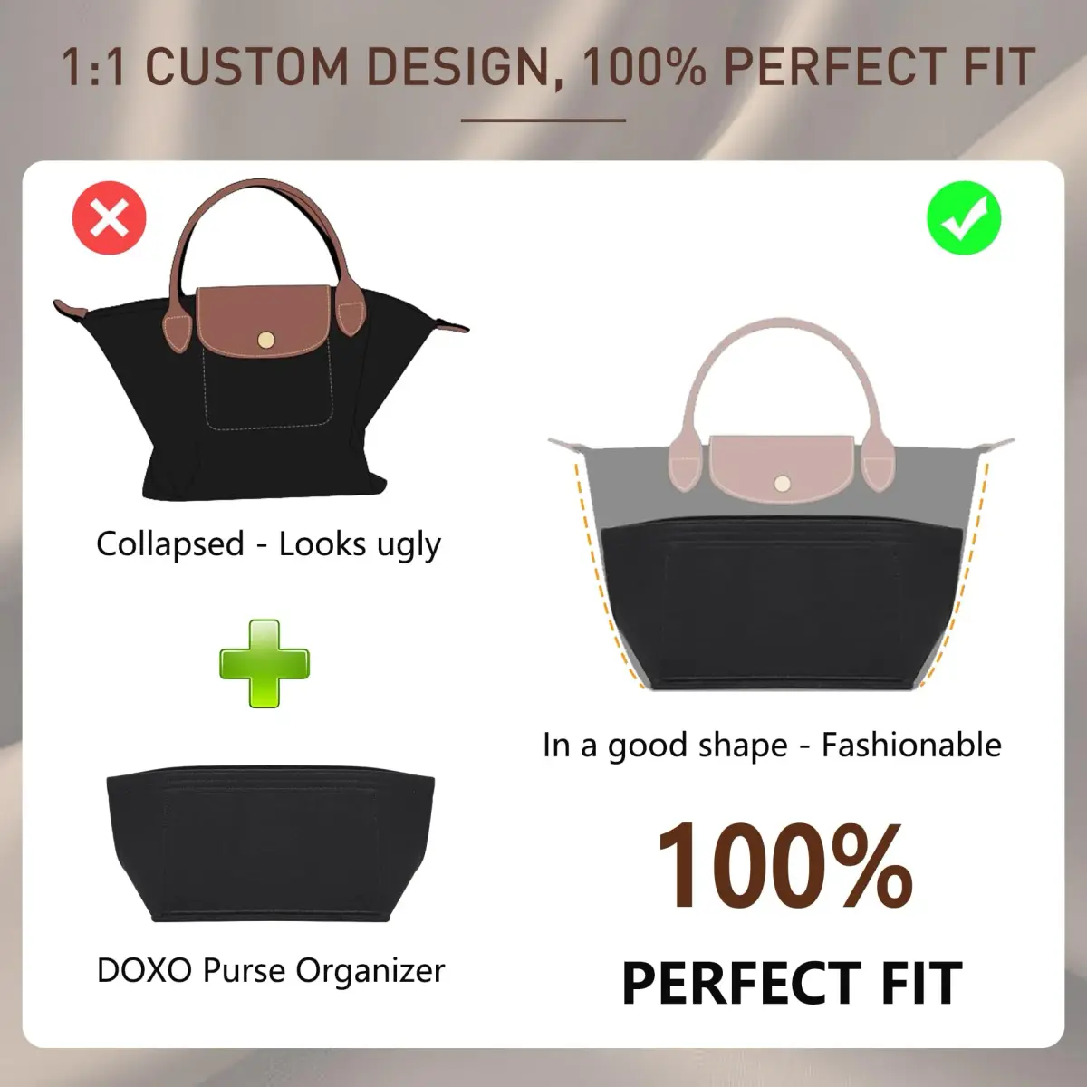Doxo Felt Purse Organizer Insert for Longchamp Le Pliage Small, Black 21.5cm (8.5 inches) | Keeps Bags Structured - view 3