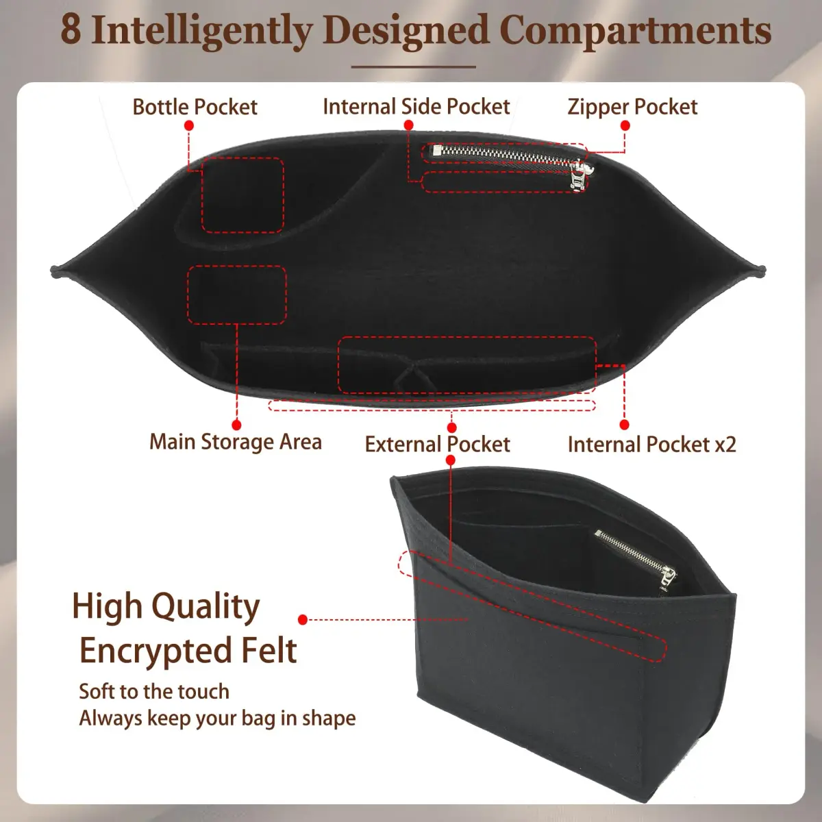 Doxo Felt Purse Organizer Insert for Longchamp Le Pliage Small, Black 21.5cm (8.5 inches) | Keeps Bags Structured - view 4