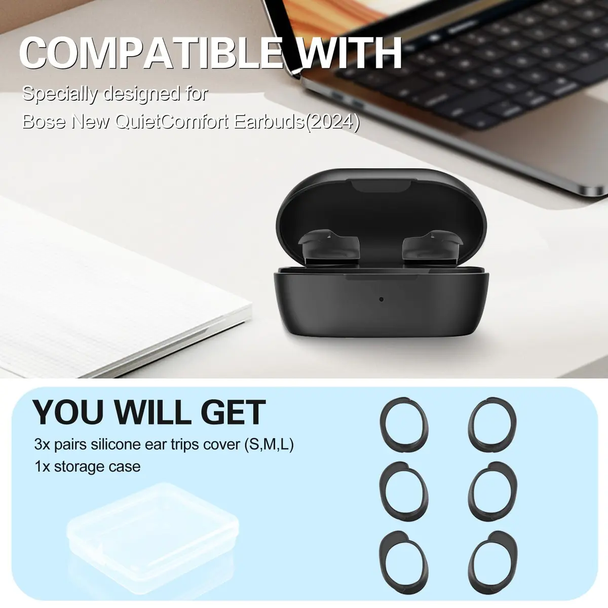 PUCGUE Silicone Ear Tips Covers for Bose QuietComfort Earbuds 2024 | Anti-Slip Fit Kit (Black) - view 7