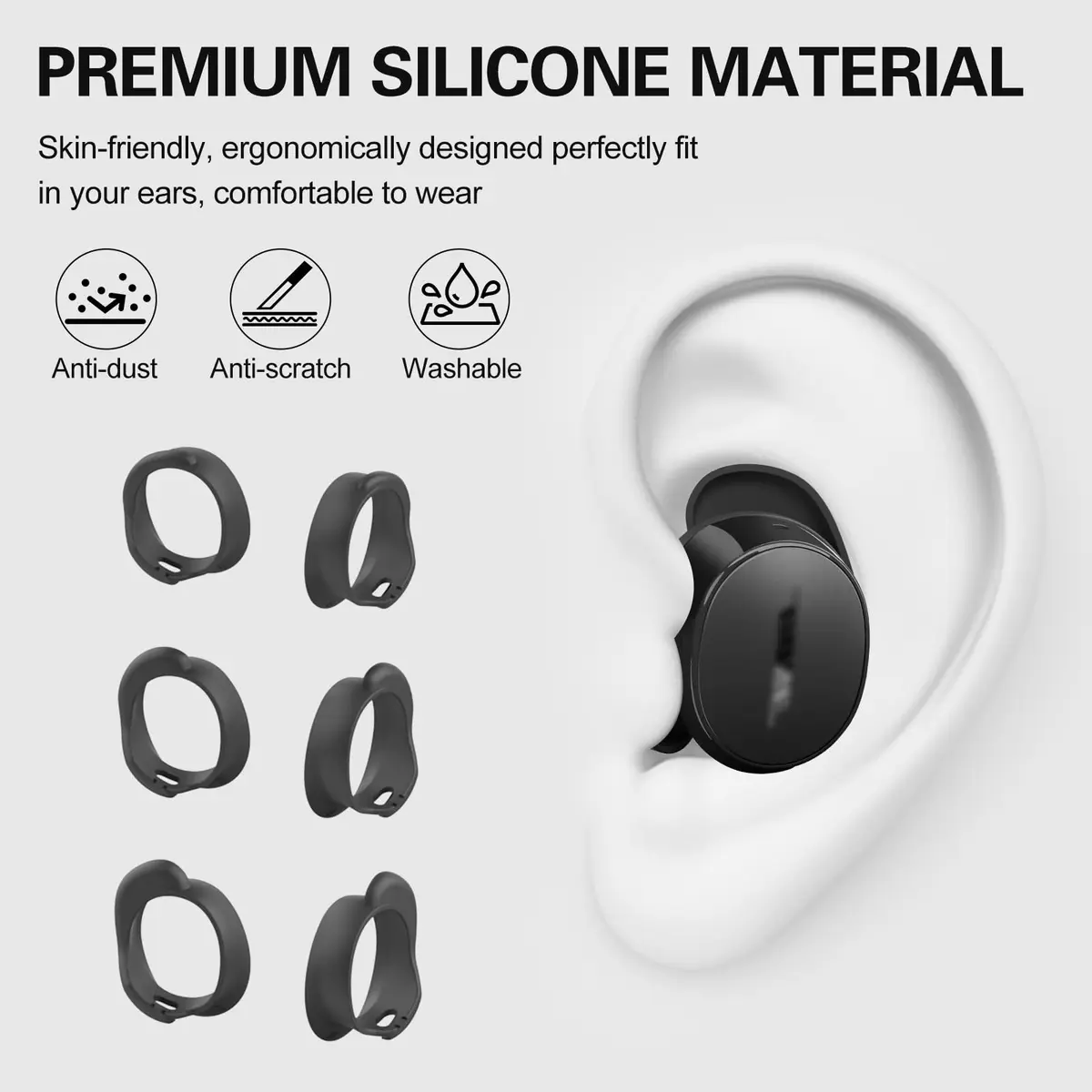 PUCGUE Silicone Ear Tips Covers for Bose QuietComfort Earbuds 2024 | Anti-Slip Fit Kit (Black) - view 3