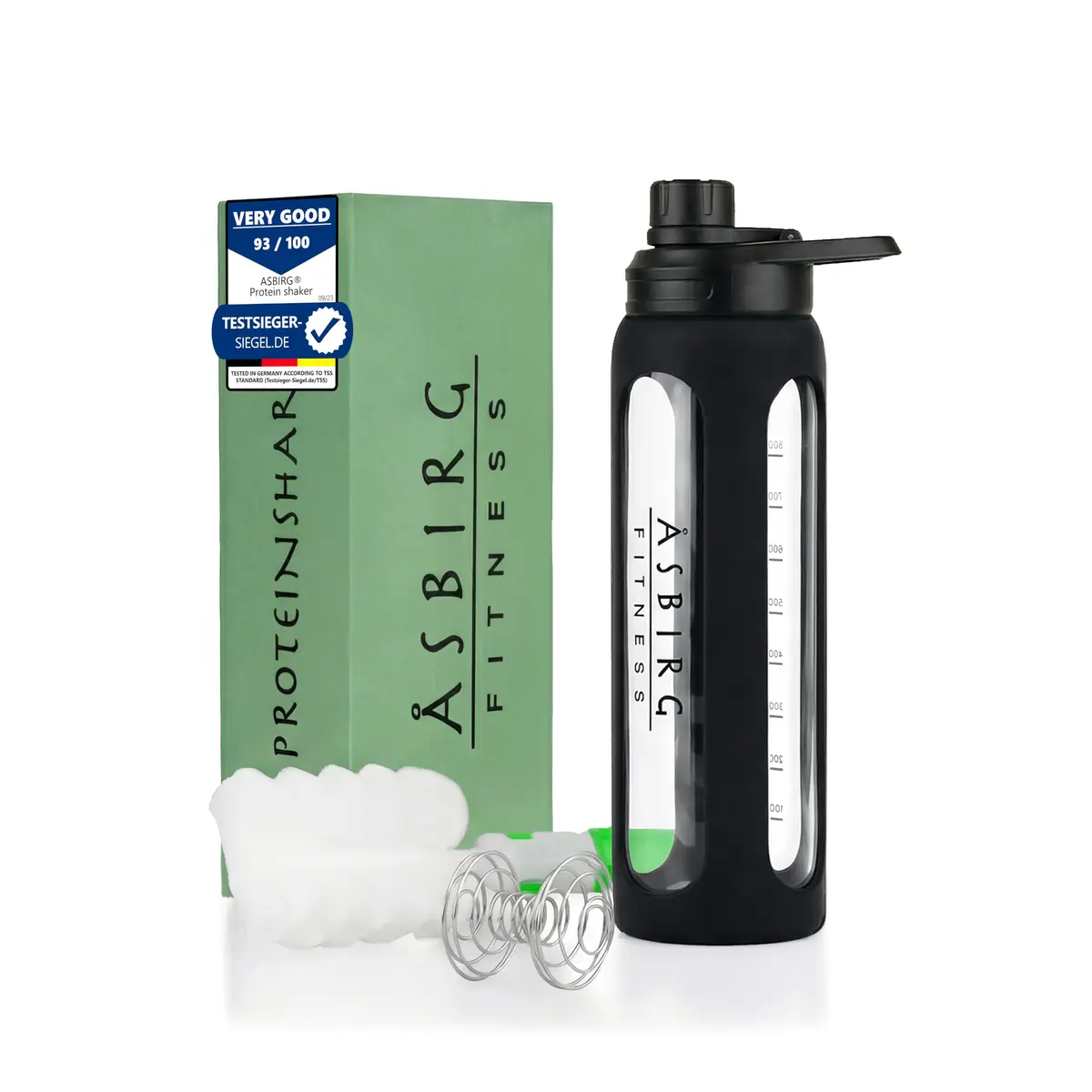 Asbirg 2.0 | 35 oz Glass Protein Shaker Bottle – BPA-Free, Leakproof Lid, Stainless Steel Mixing Ball & Silicone Sleeve – Gym Shaker for Smoothies, Shakes & Pre-Workout | Black - main product image