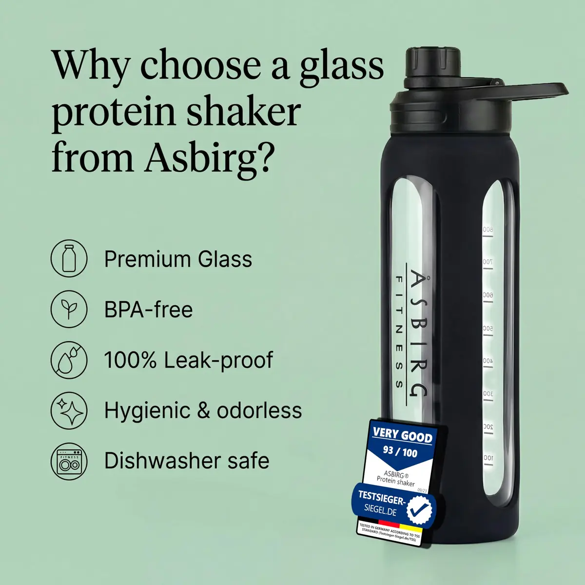 Asbirg 2.0 | 35 oz Glass Protein Shaker Bottle – BPA-Free, Leakproof Lid, Stainless Steel Mixing Ball & Silicone Sleeve – Gym Shaker for Smoothies, Shakes & Pre-Workout | Black - view 2