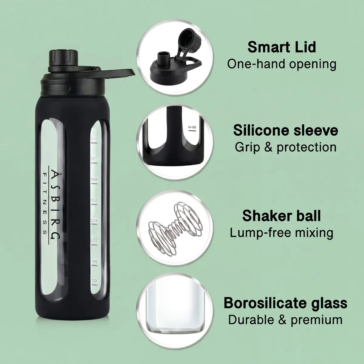 Asbirg 2.0 | 35 oz Glass Protein Shaker Bottle – BPA-Free, Leakproof Lid, Stainless Steel Mixing Ball & Silicone Sleeve – Gym Shaker for Smoothies, Shakes & Pre-Workout | Black - view 3
