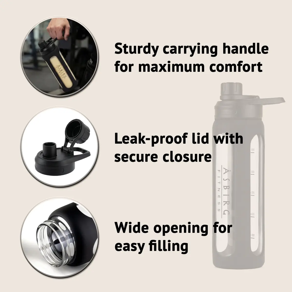 Asbirg 2.0 | 35 oz Glass Protein Shaker Bottle – BPA-Free, Leakproof Lid, Stainless Steel Mixing Ball & Silicone Sleeve – Gym Shaker for Smoothies, Shakes & Pre-Workout | Black - view 4