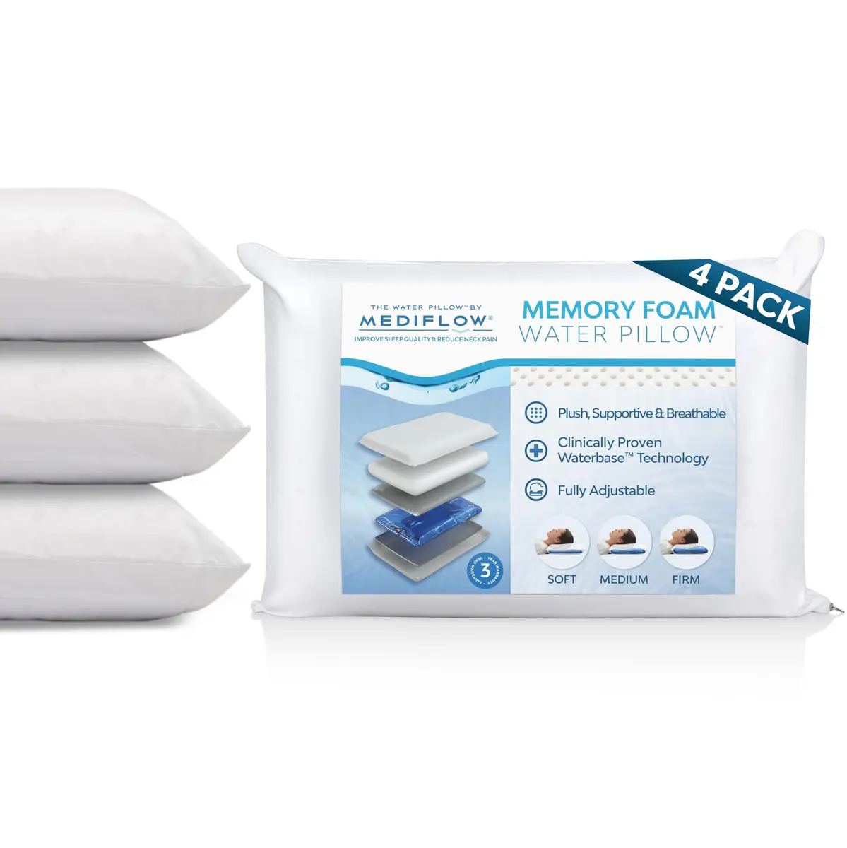 Mediflow Water Pillow Memory Foam Water Technology | Neck Pain Relief & Sleep Support (4 Pillows) - main product image