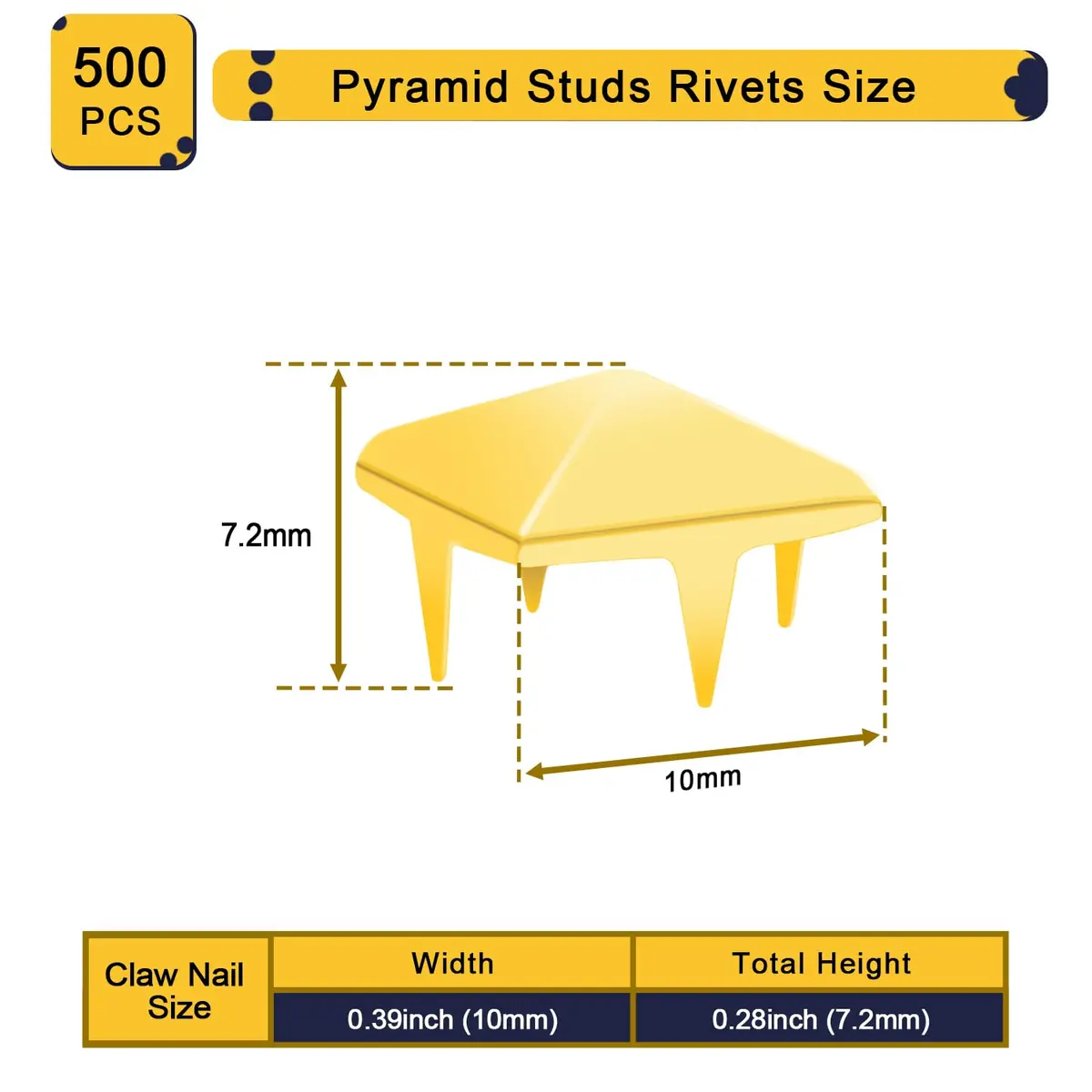 CooBigo 500pcs Square Pyramid Studs for Clothing | Edgy Punk Rivets, 10mm, Gold - view 2
