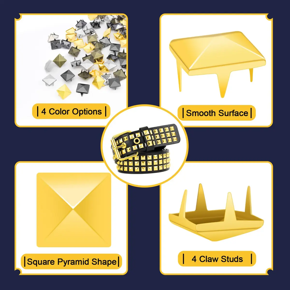 CooBigo 500pcs Square Pyramid Studs for Clothing | Edgy Punk Rivets, 10mm, Gold - view 3