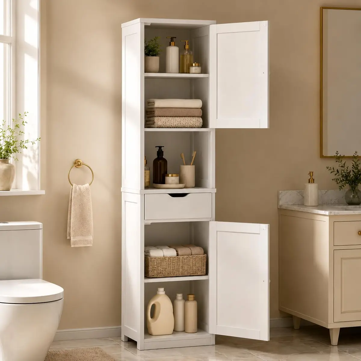 Walsunny Tall Bathroom Storage Cabinet with 6 Adjustable Shelves, White | Slim Freestanding Linen Cabinet for Bathroom & Kitchen - main product image