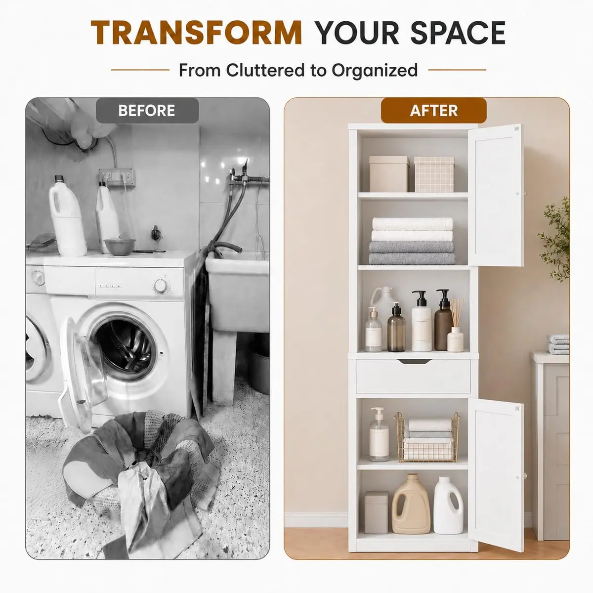 Walsunny Tall Bathroom Storage Cabinet with 6 Adjustable Shelves, White | Slim Freestanding Linen Cabinet for Bathroom & Kitchen - view 5