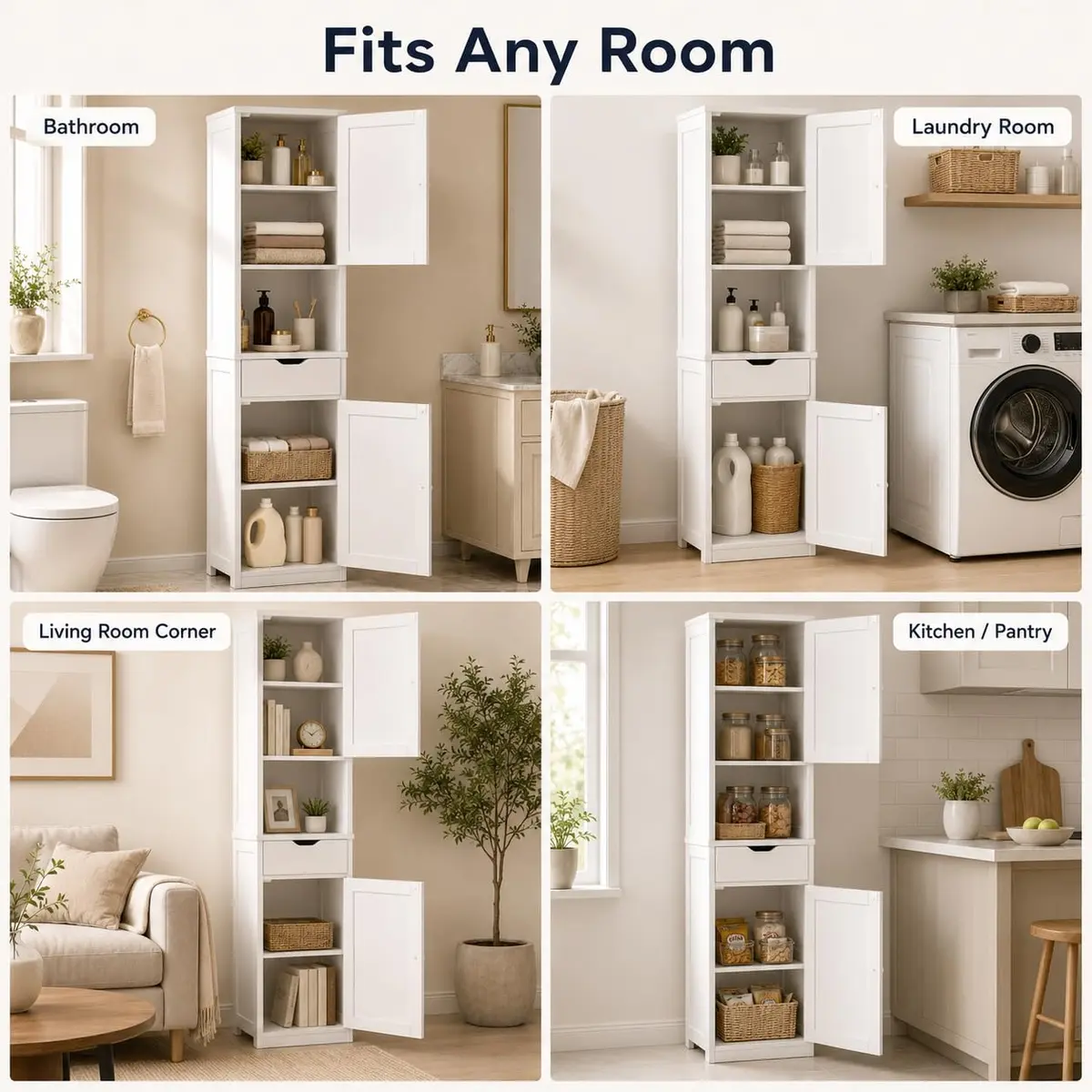 Walsunny Tall Bathroom Storage Cabinet with 6 Adjustable Shelves, White | Slim Freestanding Linen Cabinet for Bathroom & Kitchen - view 6