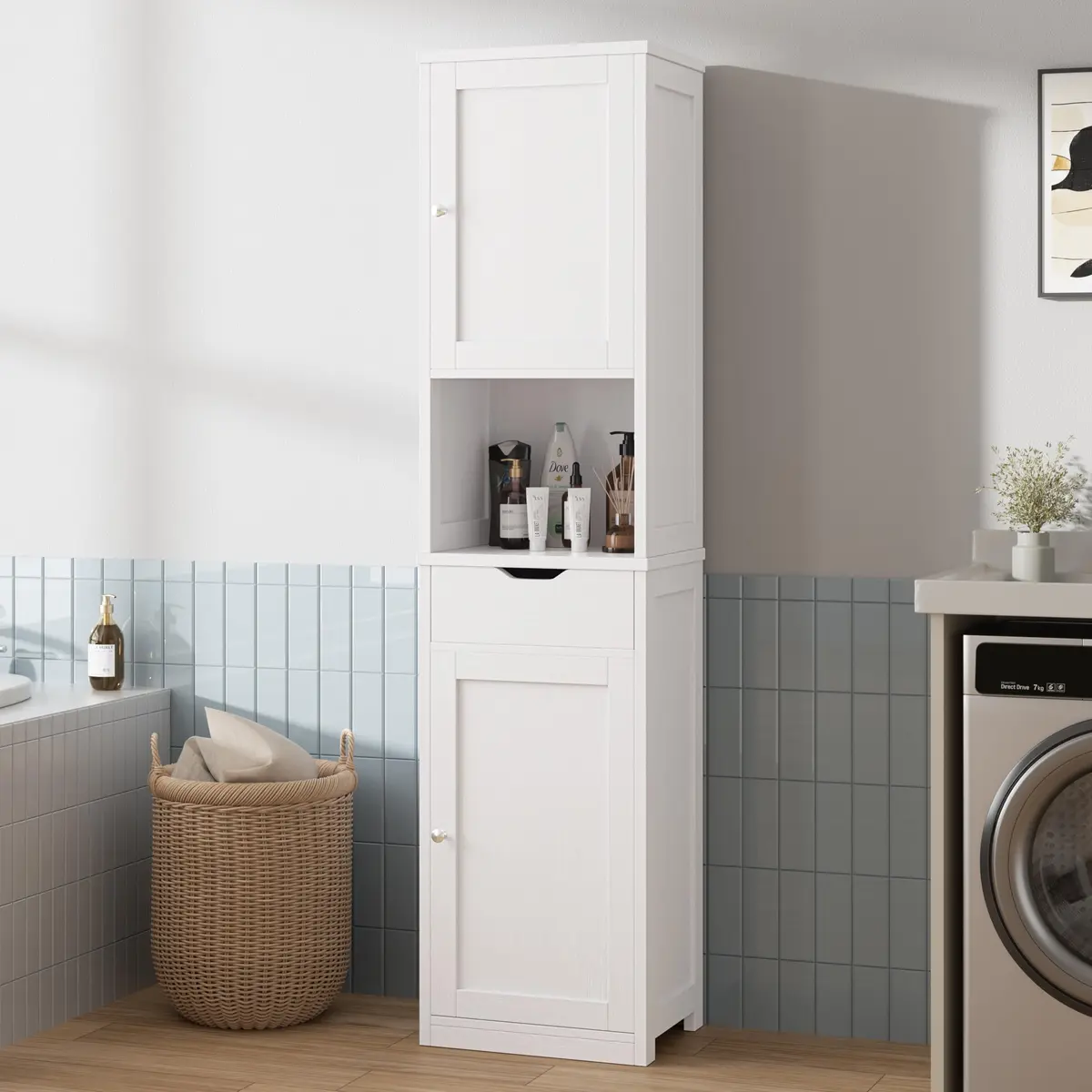 Walsunny Tall Bathroom Storage Cabinet with 6 Adjustable Shelves, White | Slim Freestanding Linen Cabinet for Bathroom & Kitchen - view 7
