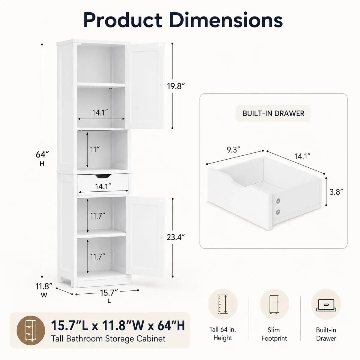 Walsunny Tall Bathroom Storage Cabinet with 6 Adjustable Shelves, White | Slim Freestanding Linen Cabinet for Bathroom & Kitchen - view 2