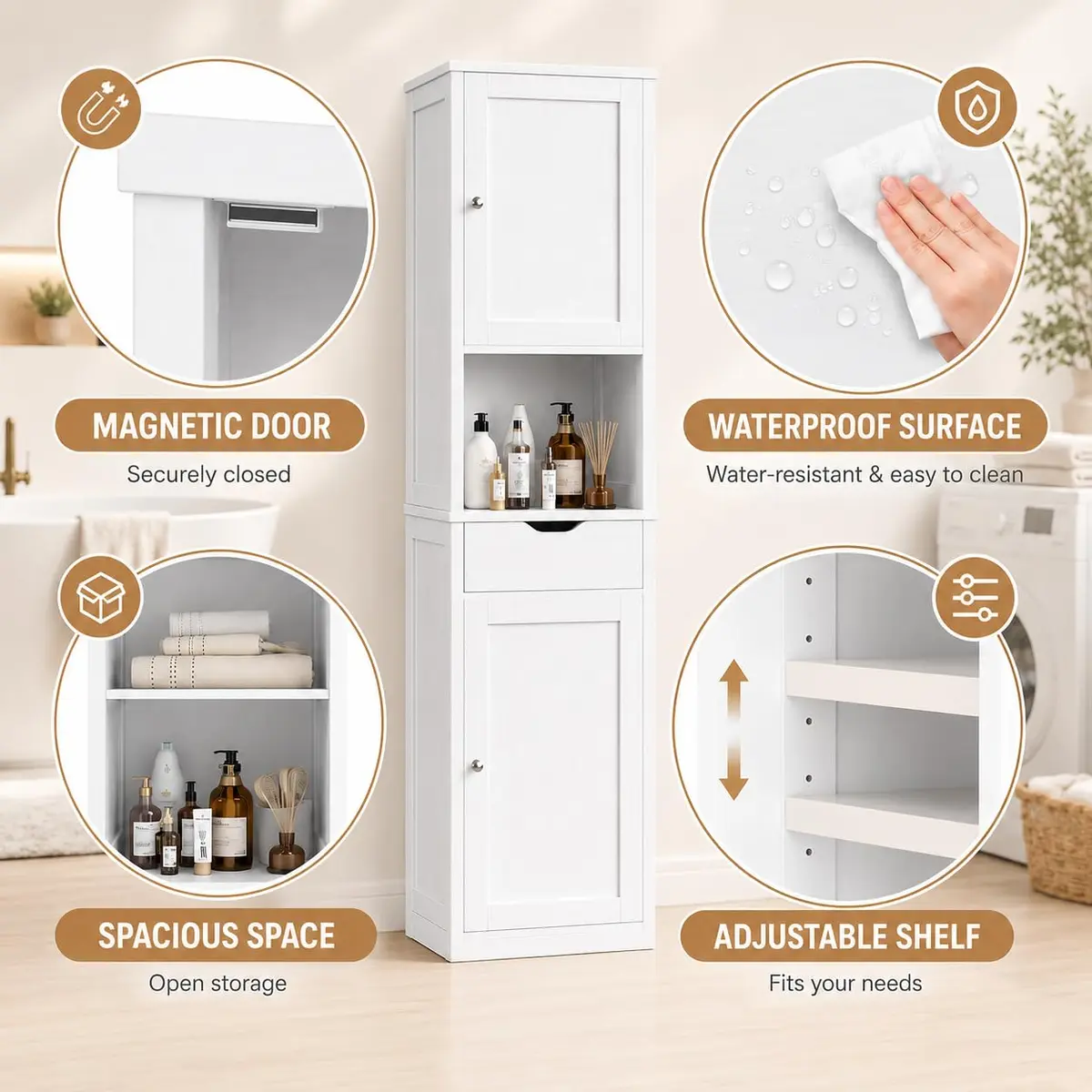 Walsunny Tall Bathroom Storage Cabinet with 6 Adjustable Shelves, White | Slim Freestanding Linen Cabinet for Bathroom & Kitchen - view 4