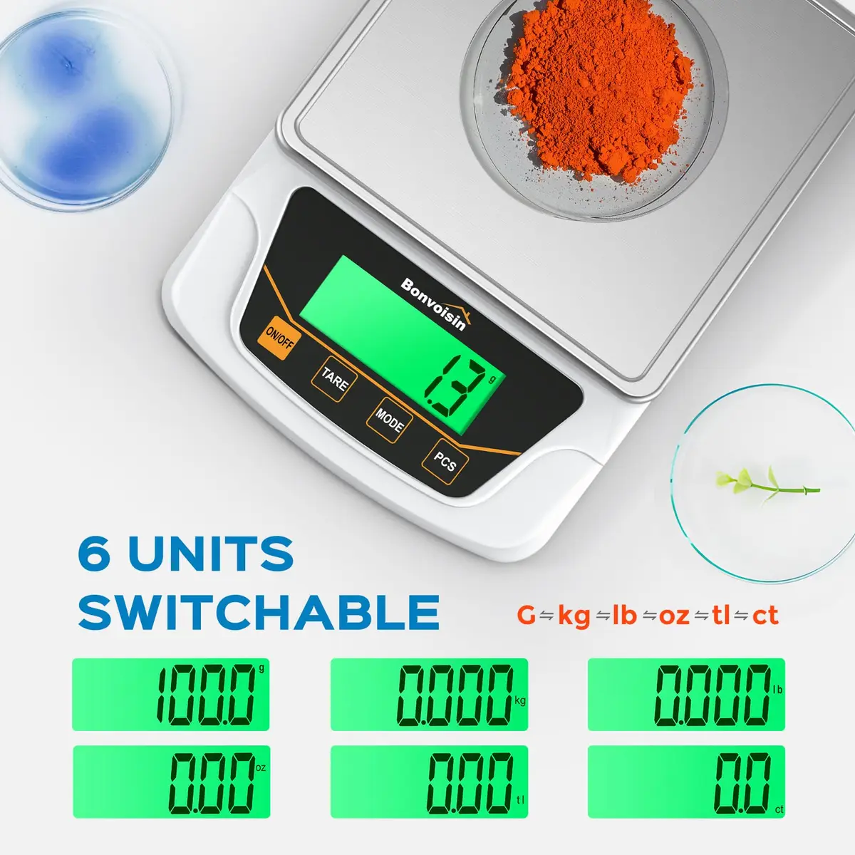 Bonvoisin Digital Gram Scale 6000g x 0.1g Lab Scale with 6 Units | Precision Weighing for Labs & Jewelry - view 3