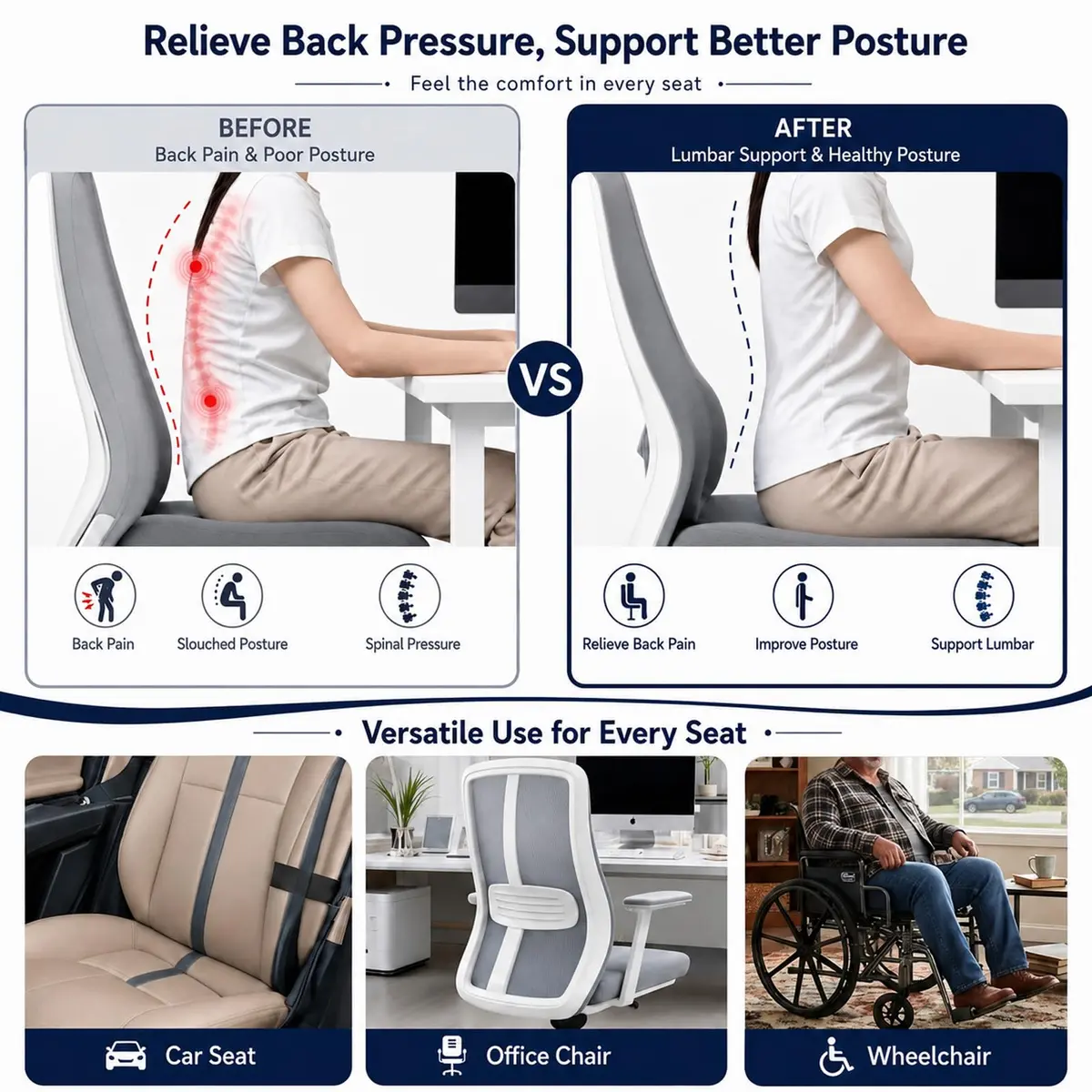 MIDLADE Lumbar Roll Support Pillow for Car & Office Chair 11 Inch | Ergonomic Back Support for Pain Relief - view 4