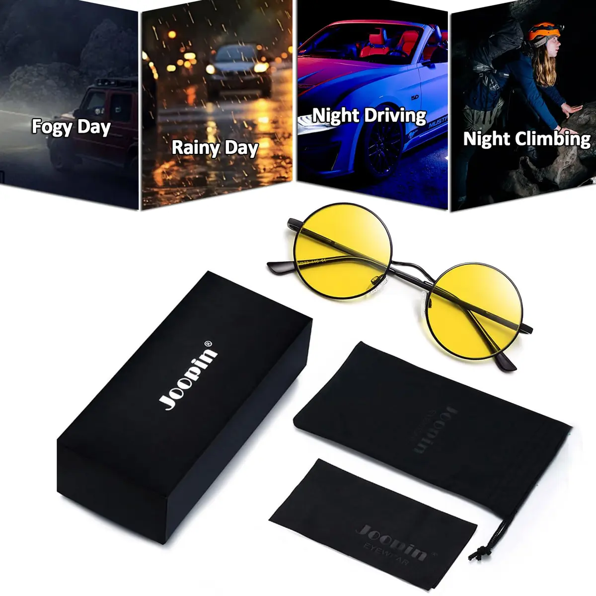 Joopin Small Round Night Vision Glasses Hippie Metal Anti Glare Night Driving UV400 Protection Yellow Shades for Men Women - view 6