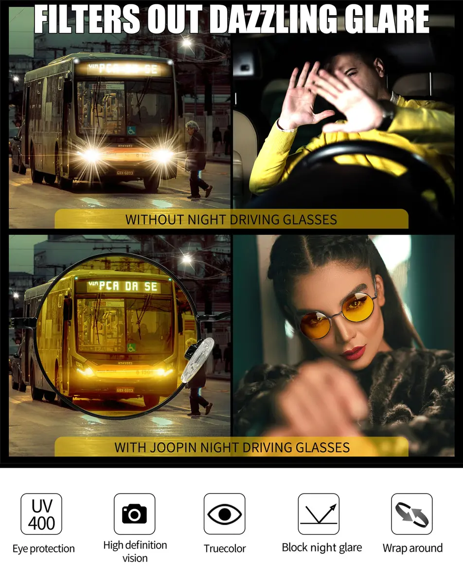 Joopin Small Round Night Vision Glasses Hippie Metal Anti Glare Night Driving UV400 Protection Yellow Shades for Men Women - view 4