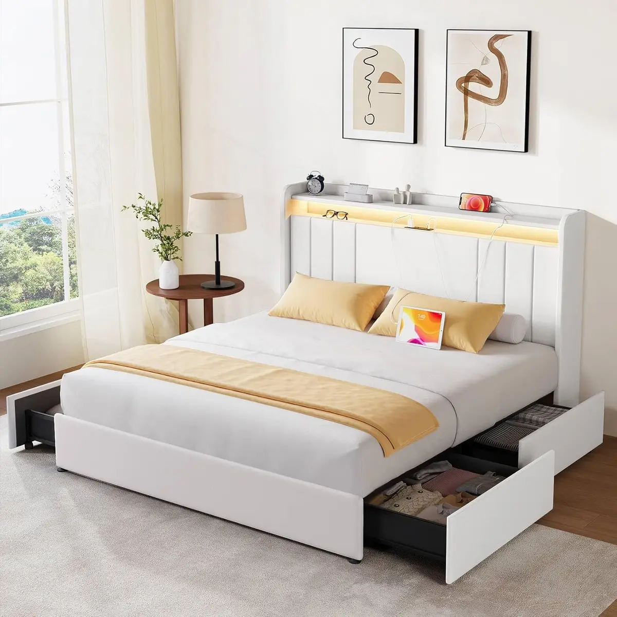 Koorlian Queen Size Upholstered Bed Frame with Storage & RGB LED | 4 Drawers, USB & Type-C Charging - main product image